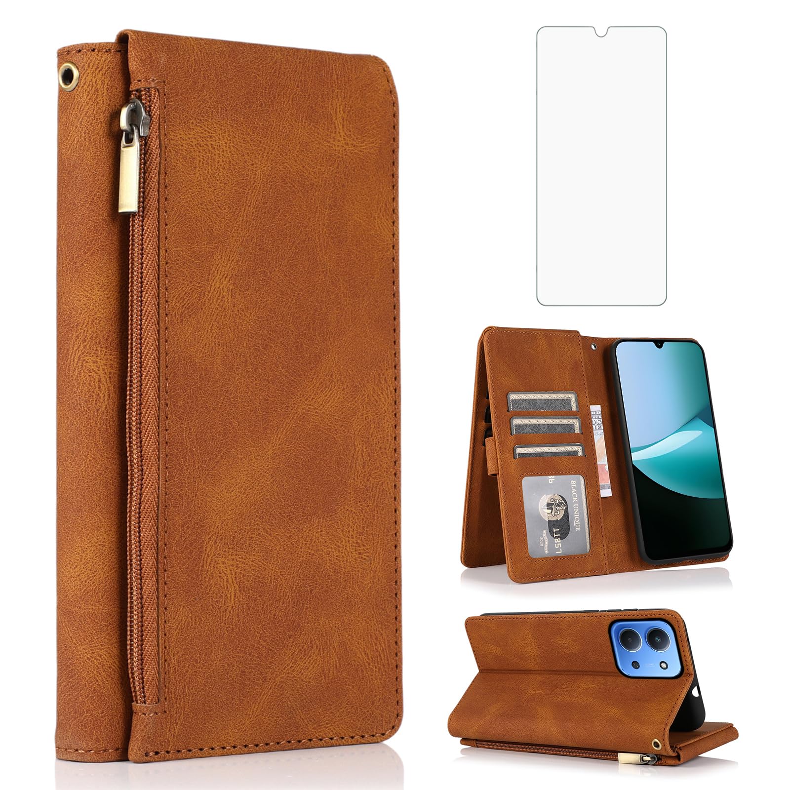 Étui Xiaomi Redmi 15C 4G/5G avec protège-écran et porte-cartes marron - 8