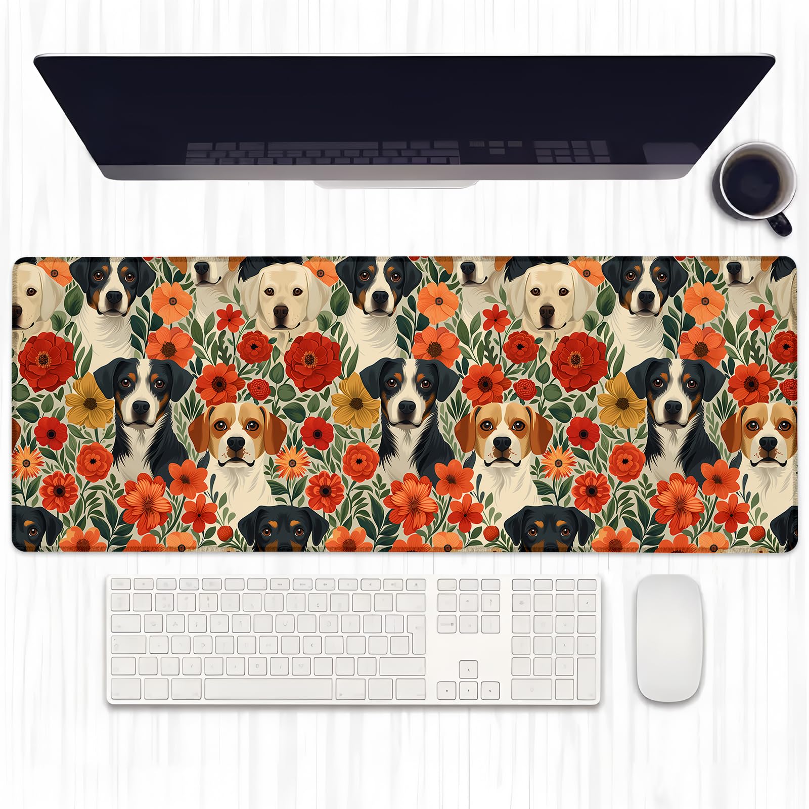 Ti Caldi Cute Dog with Floral Gaming Mouse Pad, Extended Lovely Puppy Face Desk Mat Computer Laptop Mousepad, Robust Stitched Edges, 31.5"×11.8" Large Office Keyboard Mouse Pads for Home Desktop Decor
