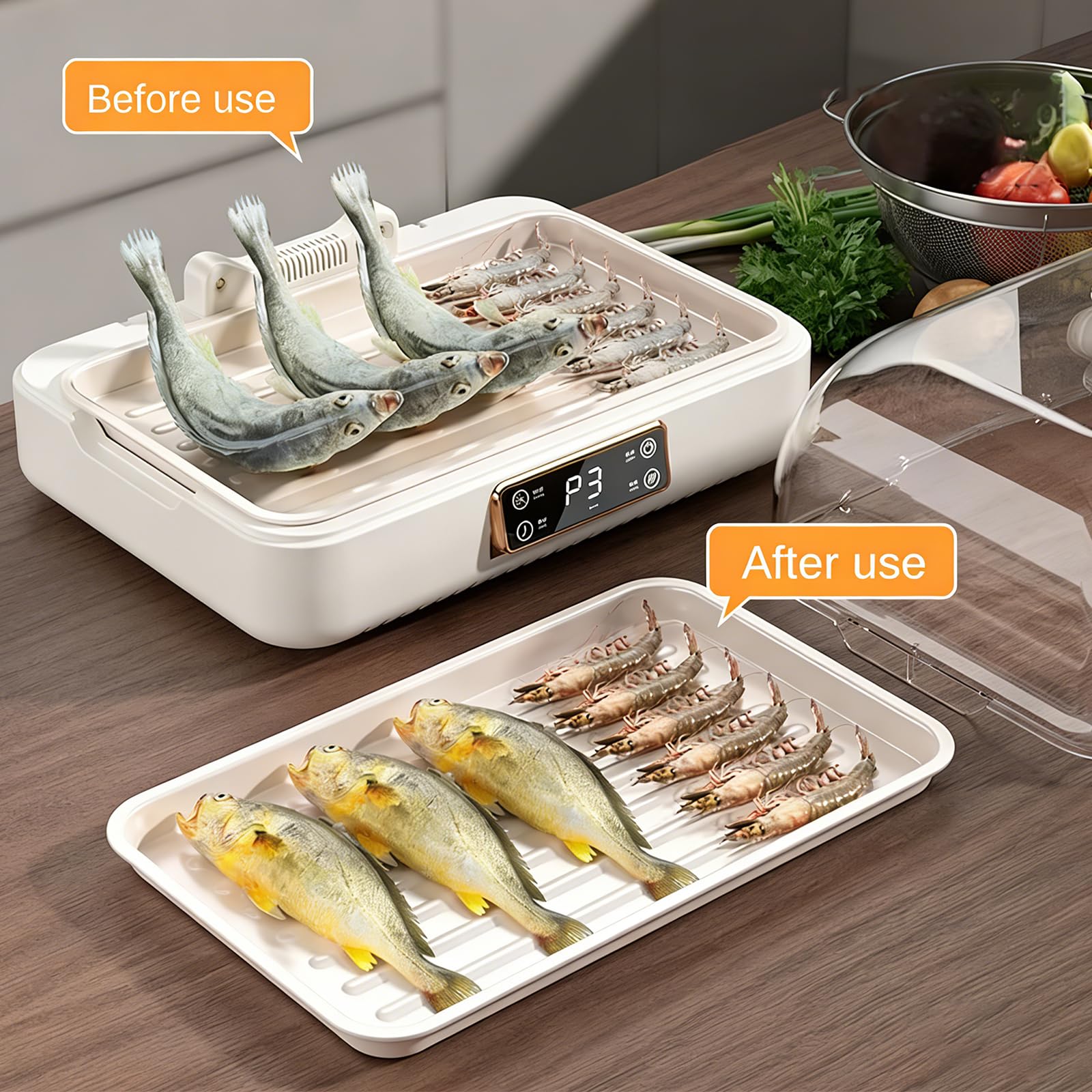 Vassoio per sbrinamento carne da 8 litri con calore circolante a 360°, controllo della temperatura a 3 livelli, scongelamento rapido 3D per carne, frutti di mare e verdure, cucina di casa
