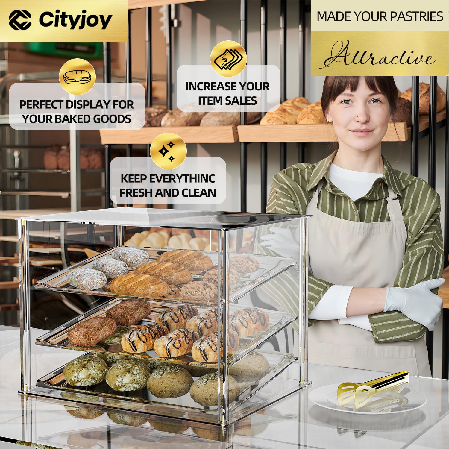 Cityjoy Espositore per pasticceria con 3 vassoi con porte posteriori magnetiche, 52,8 x 40,1 x 42,9 cm, in acrilico, con vassoi rimovibili e pinze in acciaio, espositore per alimenti per ciambelle