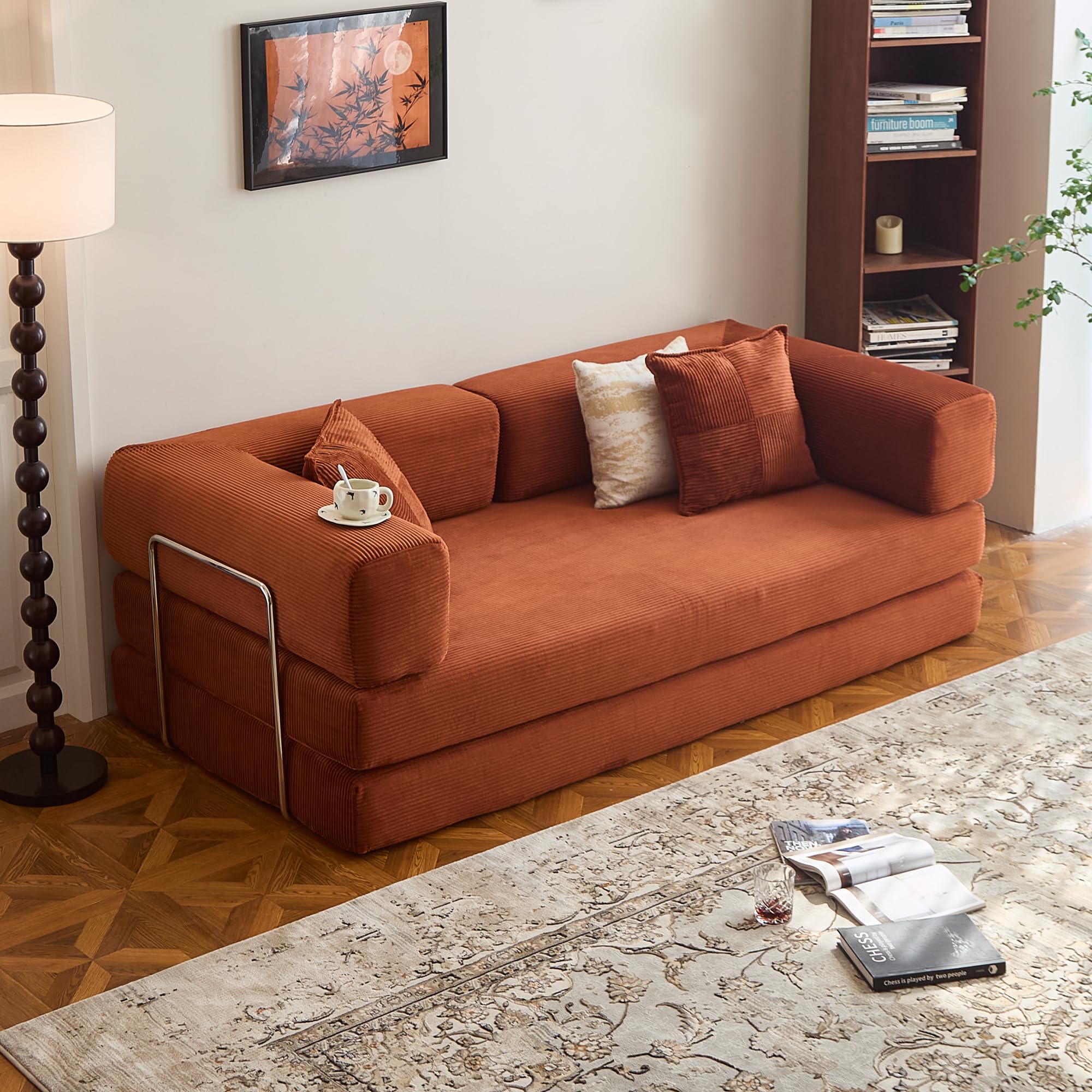 78.8" Convertible Sofa Bed - Compression Sofa with Corduroy Fabric - with Armrests and Backrest - Modular Sectional for Living Room, Bedroom, Studio - Compression Sofa in Box (Grey): 98.4IN Orange