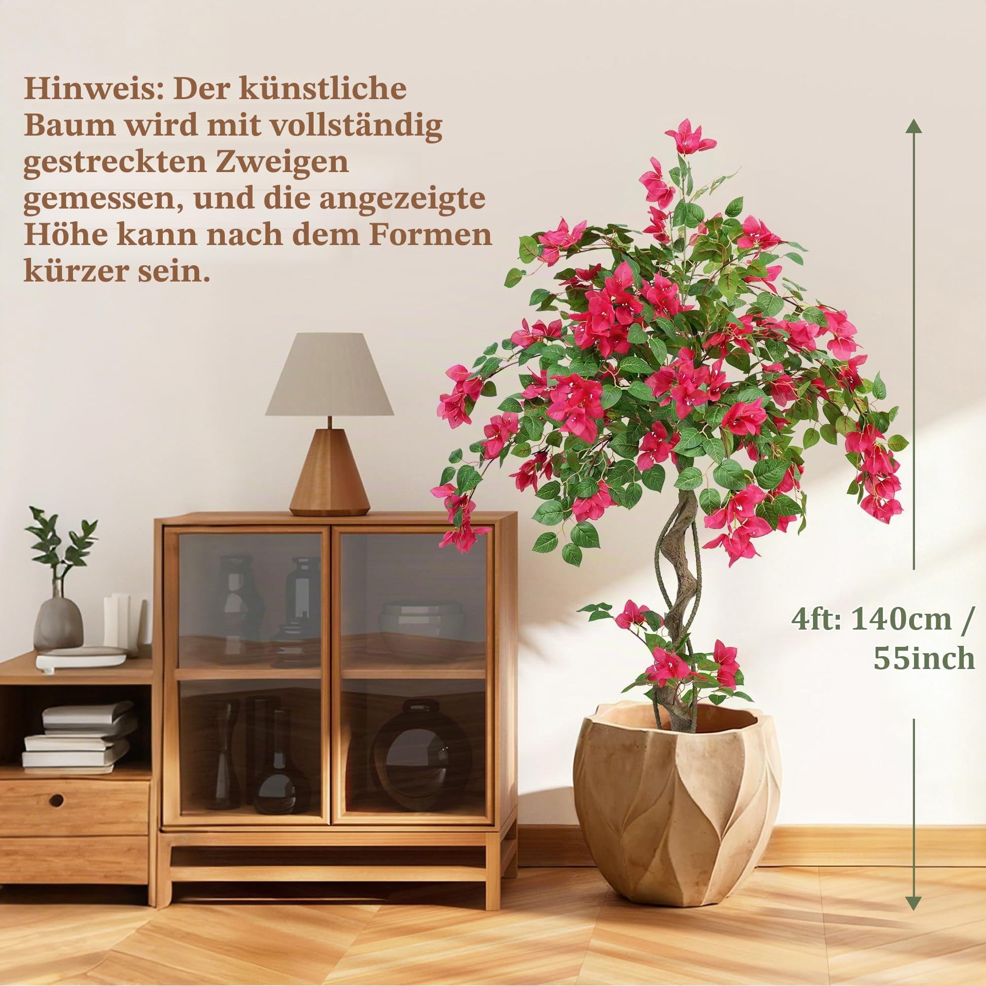 Kunstpflanze wie echt Künstlicher Bougainvillea Baum im Topf 140cm | Künstliche Pflanzen Groß mit Blüten, UV-beständige PE Blätter, Kunstbaum Wetterfest für Wohnzimmer Eingang Flur Balkon Garten