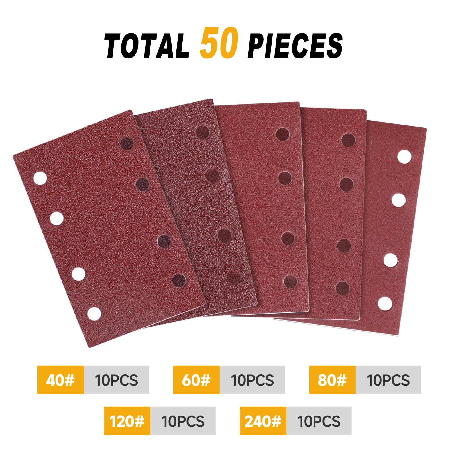 Sruhrak 50 Pezzi Carta Abrasiva Kit, 115x145mm Carta Levigatrice 40/60/80/120/240 Grana 8 Fori Carta Vetrata Rettangolari per Levigatrice Orbitali Casuali