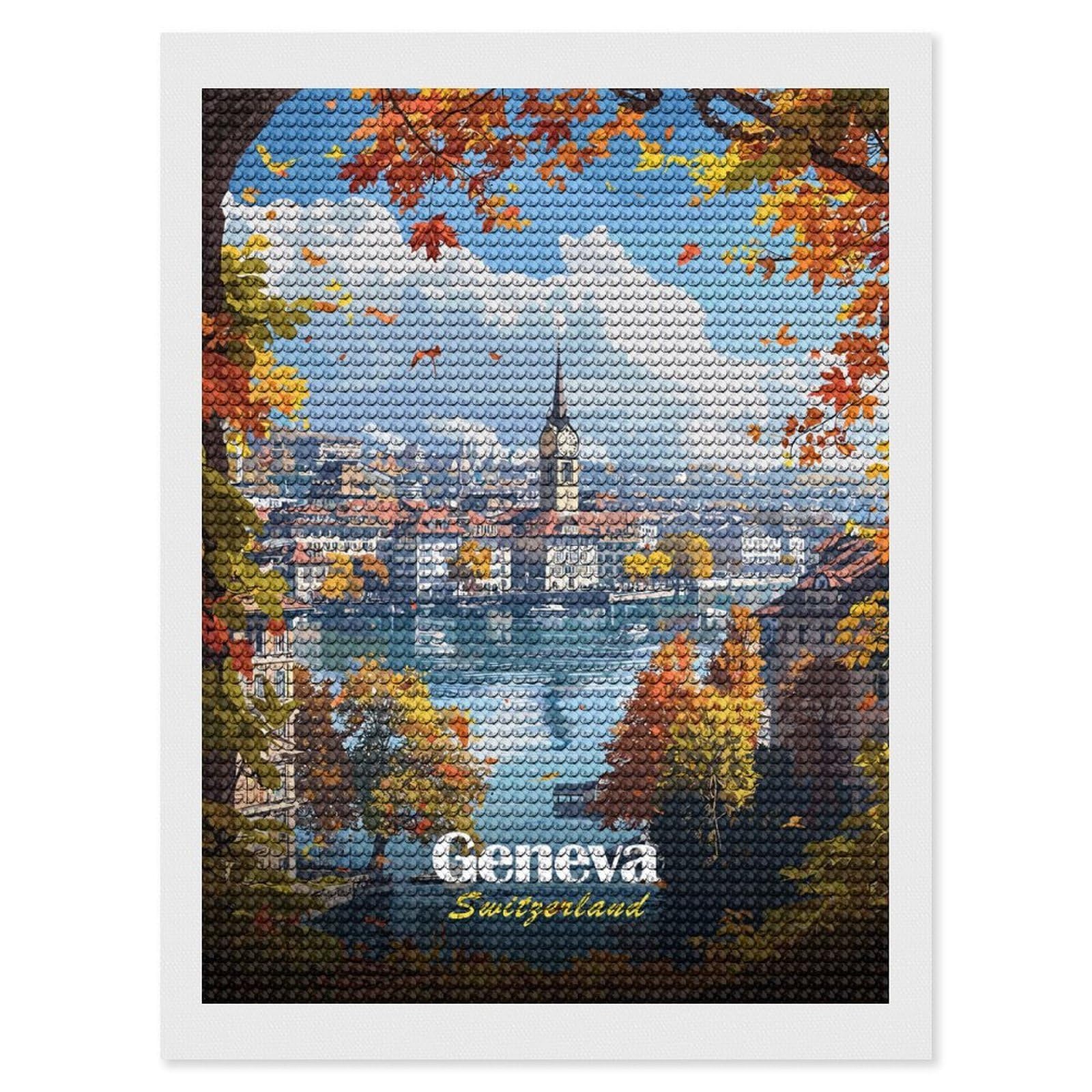 Junmoney Geneva, Switzerland Autumn View Diamond Painting Canvas Set 12"x16", for Women, Mindful Craft Activity, Cosy Home Accent, Festive Craft Gift