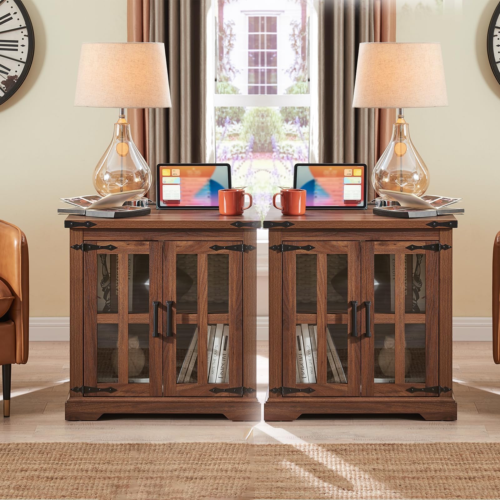 Barnyatoh Farmhouse End Table with Charging Station,24" Large Side Table with Glass Barn Door, Rustic Wood Nightstand Bedside Table with Adjustable