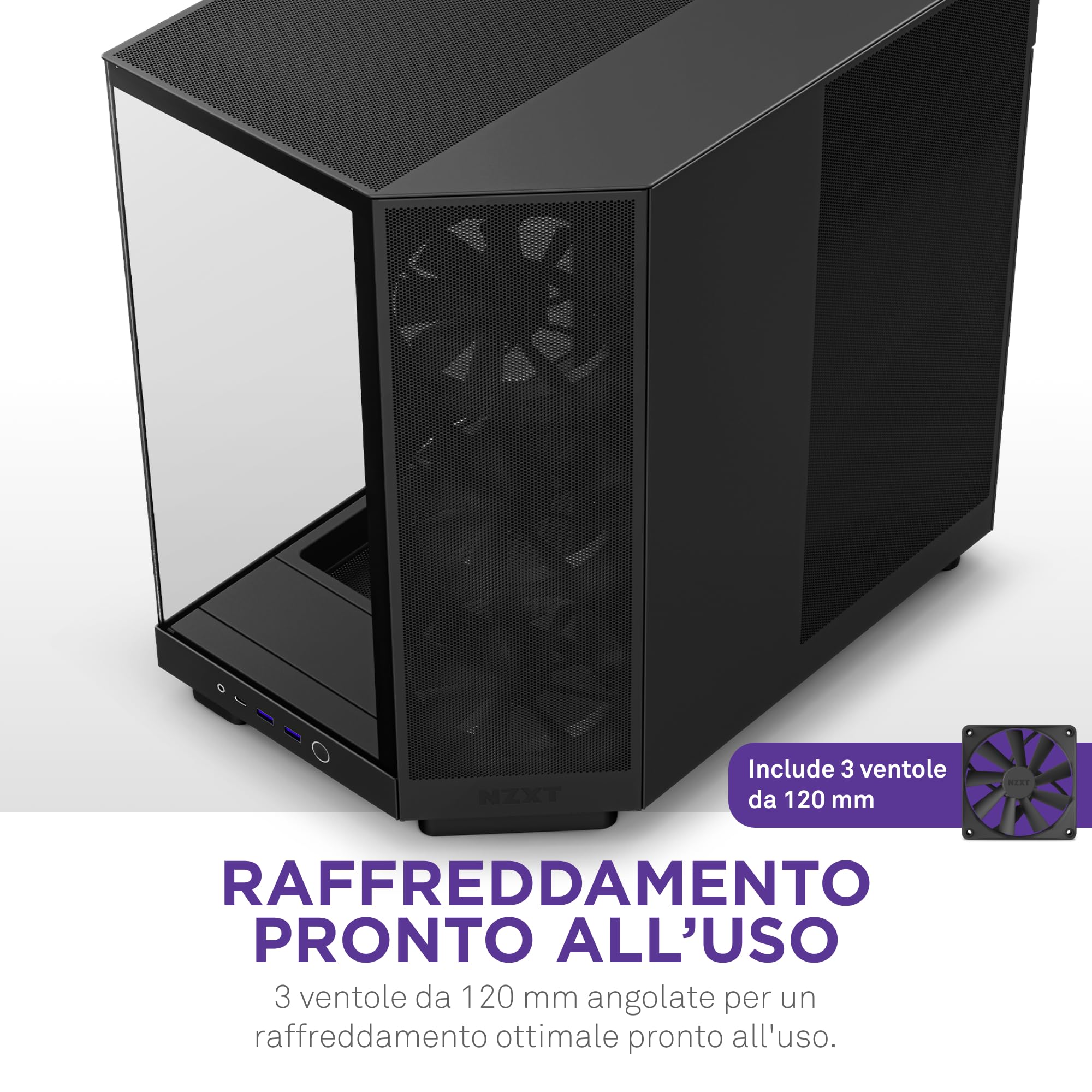 NZXT H6 Flow, CC-H61FB-01, Case Mid-Tower Compatto a Doppia Camera con Flusso d'Aria, Pannelli in Vetro Panoramico, Flusso d'Aria ad Alte Prestazioni, Include 3 Ventole da 120 mm, Nero