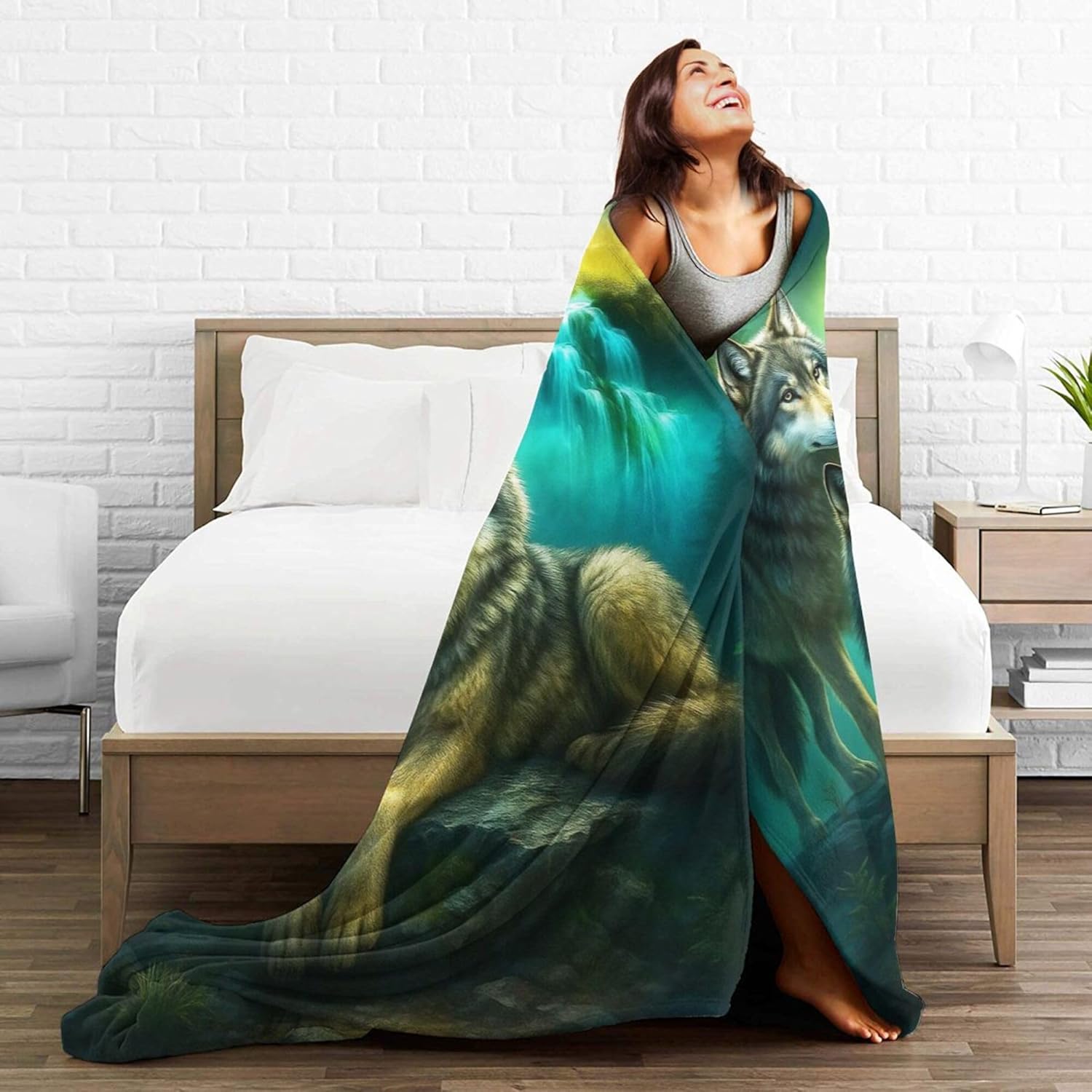 Wolf Blanket Blue-Green Wolf Fleece Throw Blanket Super Soft Fuzzy Plush Cozy Warm Wolves Decor Stuffed Bedding Blankets Gift for Boys Girls Men Women Kids & Adult 50"X40" - Image 5