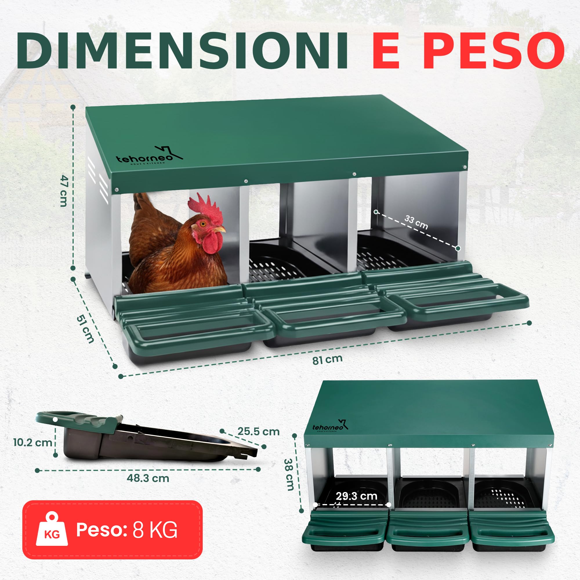 TEHORNEO Nido per Galline, Nido per Galline Ovaiole 81x51x47 cm Acciaio Zincato e 3 Scomparti, Cassetta per Deporre Uova Pollaio, Nidi per Galline Ovaiole, Adatto per 12-15 Polli