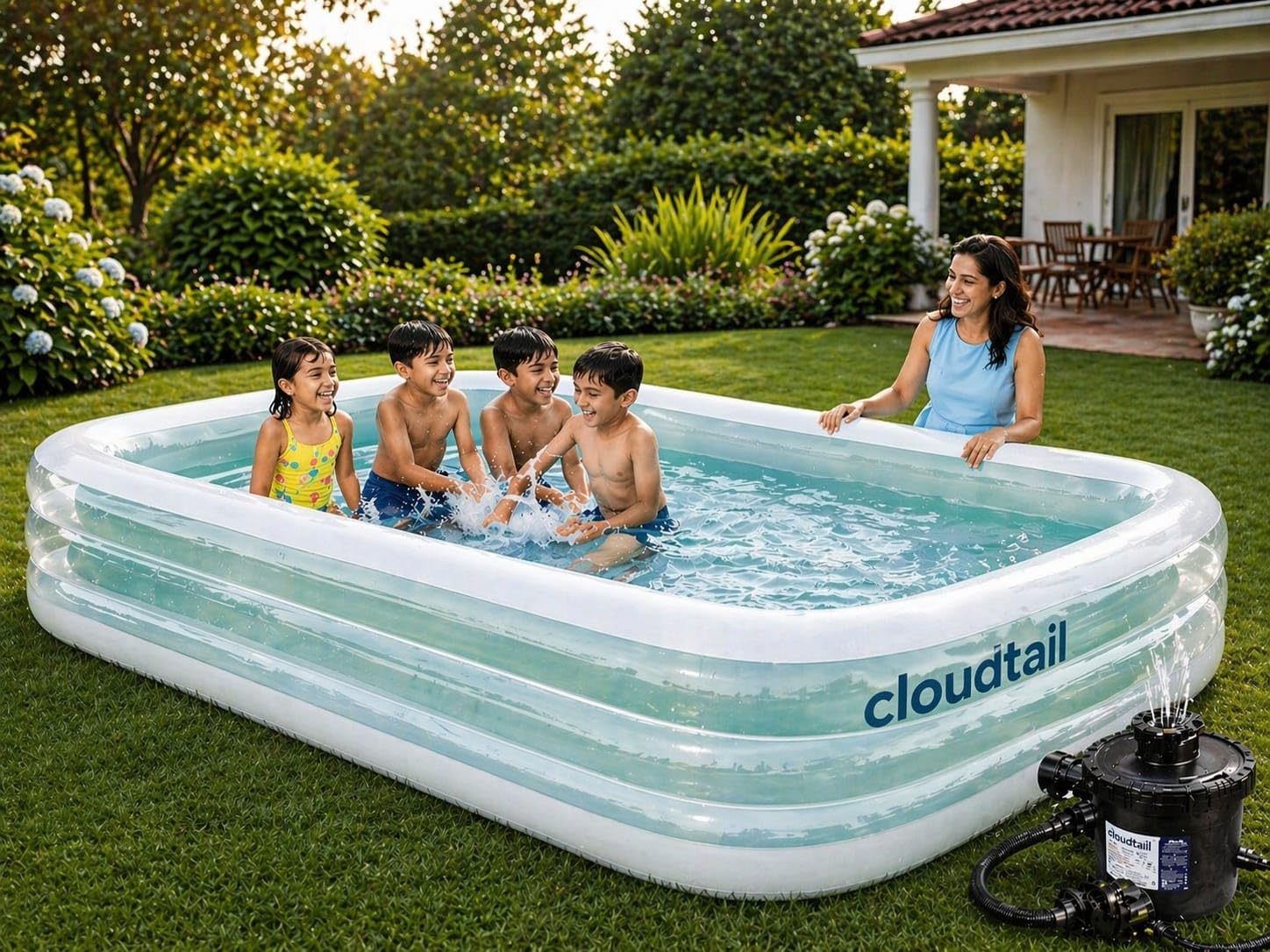7.5 Ft Inflatable Swimming Pool for Adults & Kids with Electric Pump | Large Rectangular Family Pool | Thick PVC Leak-Proof Portable Bath Tub for Garden, Terrace, Balcony Outdoor Summer Use-image-41