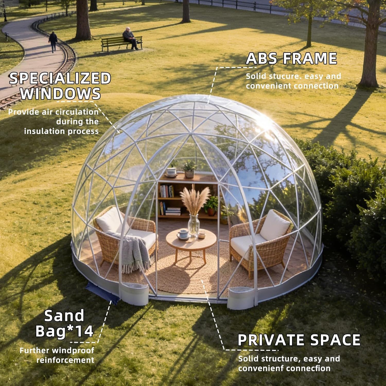 Garden Dome Tent, Outdoor Bubble Tent TPU Greenhouse for 2-8 Person, 360° View Igloo Dome, Geodesic Dome with 2 Ventilated Window, Suitable for Camping, Party, Backyard (12 x 7.2 FT)