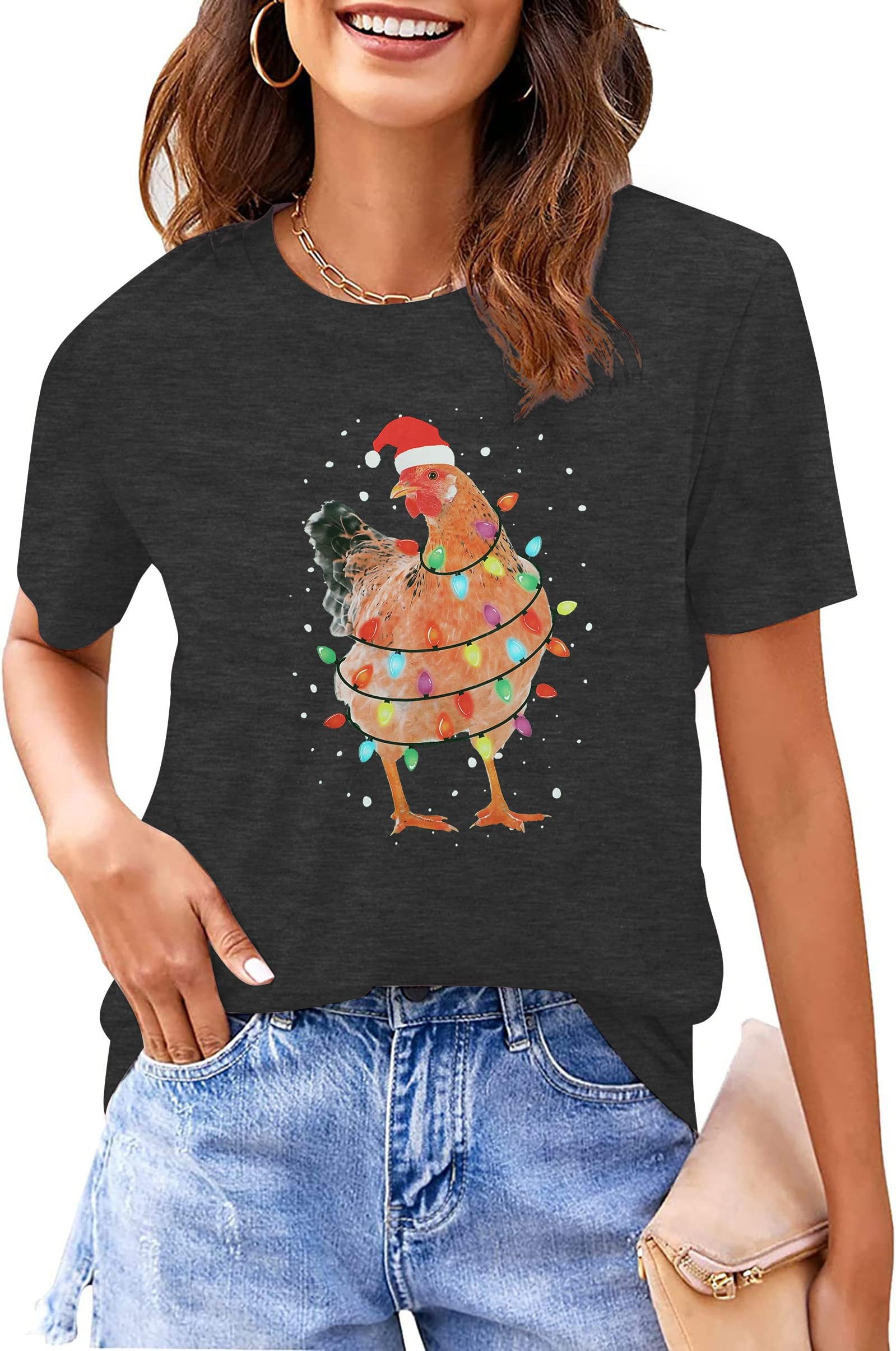 EGELEXYChristmas Chicken Shirt Merry Christmas Lights Chicken Shirt Santa Rooster Shirt Women Chicken Lover Xmas Gift Tee Tops