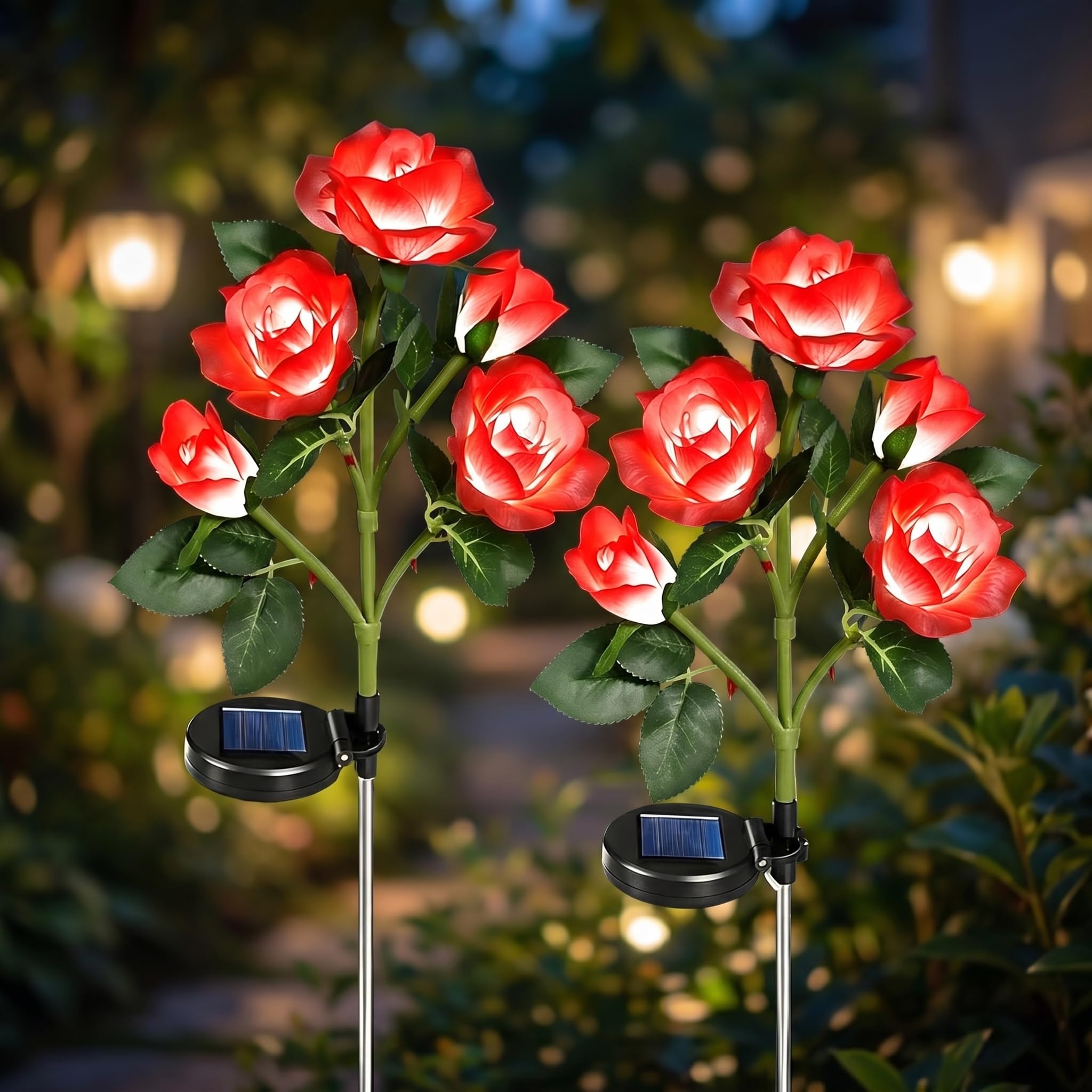 Hqynss 2 Stück Set Solarlampen Außen Garten, IP65 Wasserdichte LED Solar Rosen Blumen, solar blumen für Terrasse, Balkon, Weg, Hochzeit (Rot)