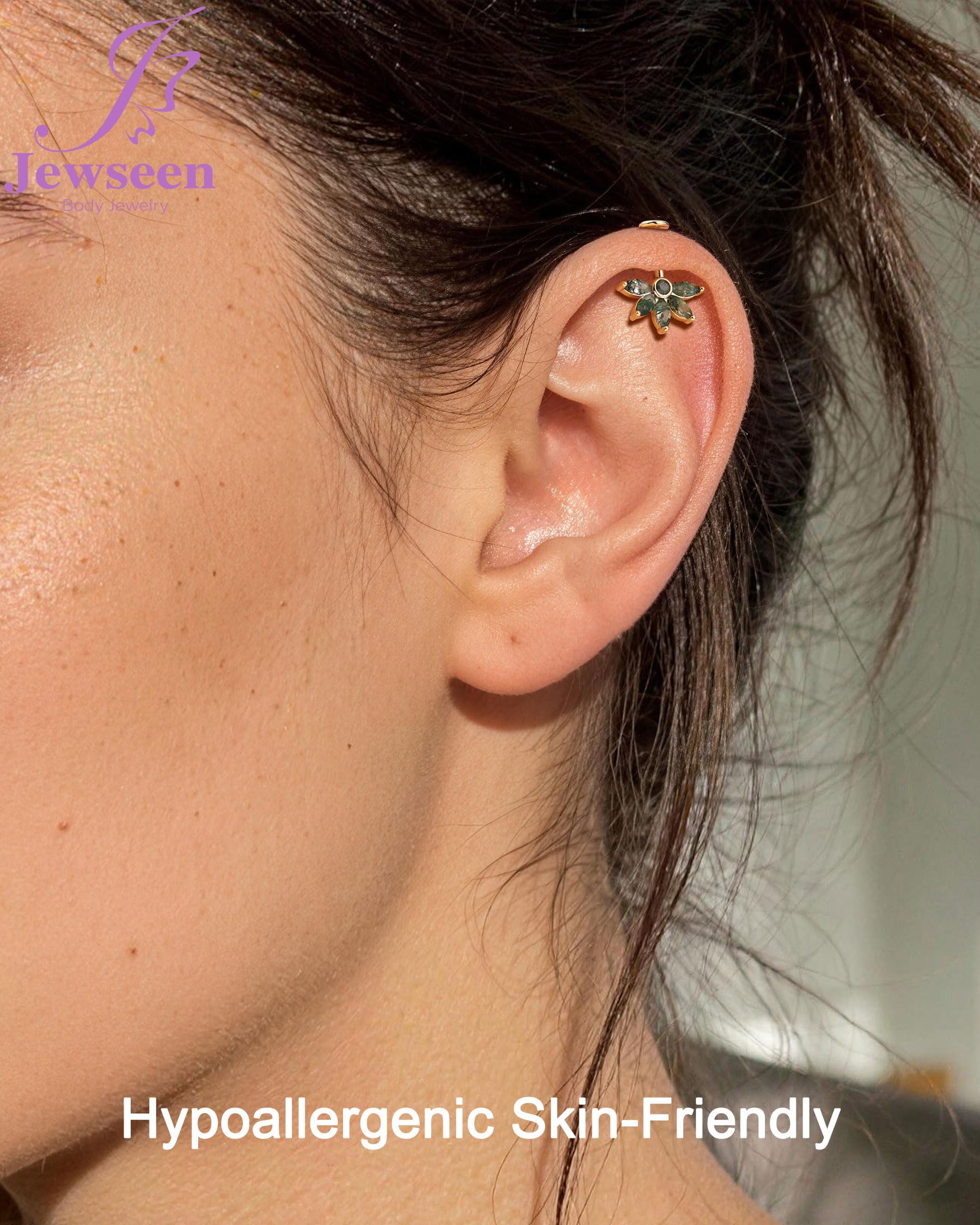 Jewseen Pendiente vertical oculto en forma de hélice, ágata, parte trasera plana, flor, cartílago, plata de ley 925, aretes de trago con rosca interna, joyería de 16 g, 6 mm