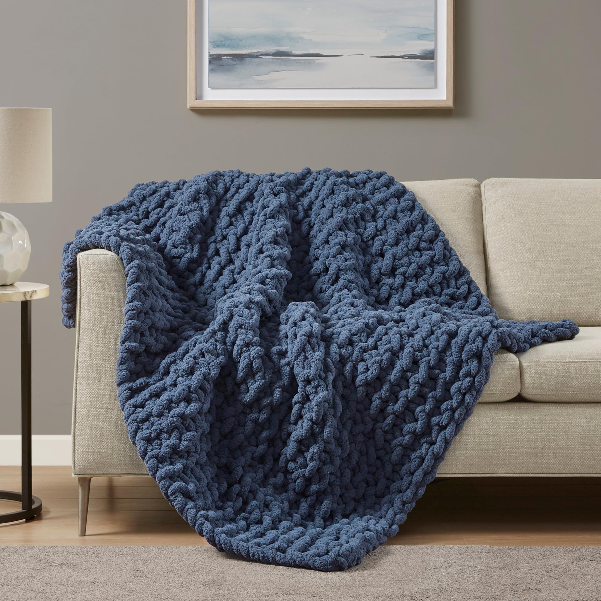 Madison Park Chunky Knit Handmade Throw, Luxurious and Classic Design, Elegantly Soft, Lightweight, Breathable Cover, Cottage Style Room Décor Summer Blanket, 50" W x 60" L Navy Blue