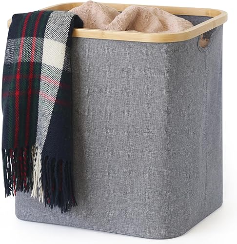 Cesto de lavandería, gris, capacidad de 60 L, plegable, mango de bambú, tela Oxford 600D duradera