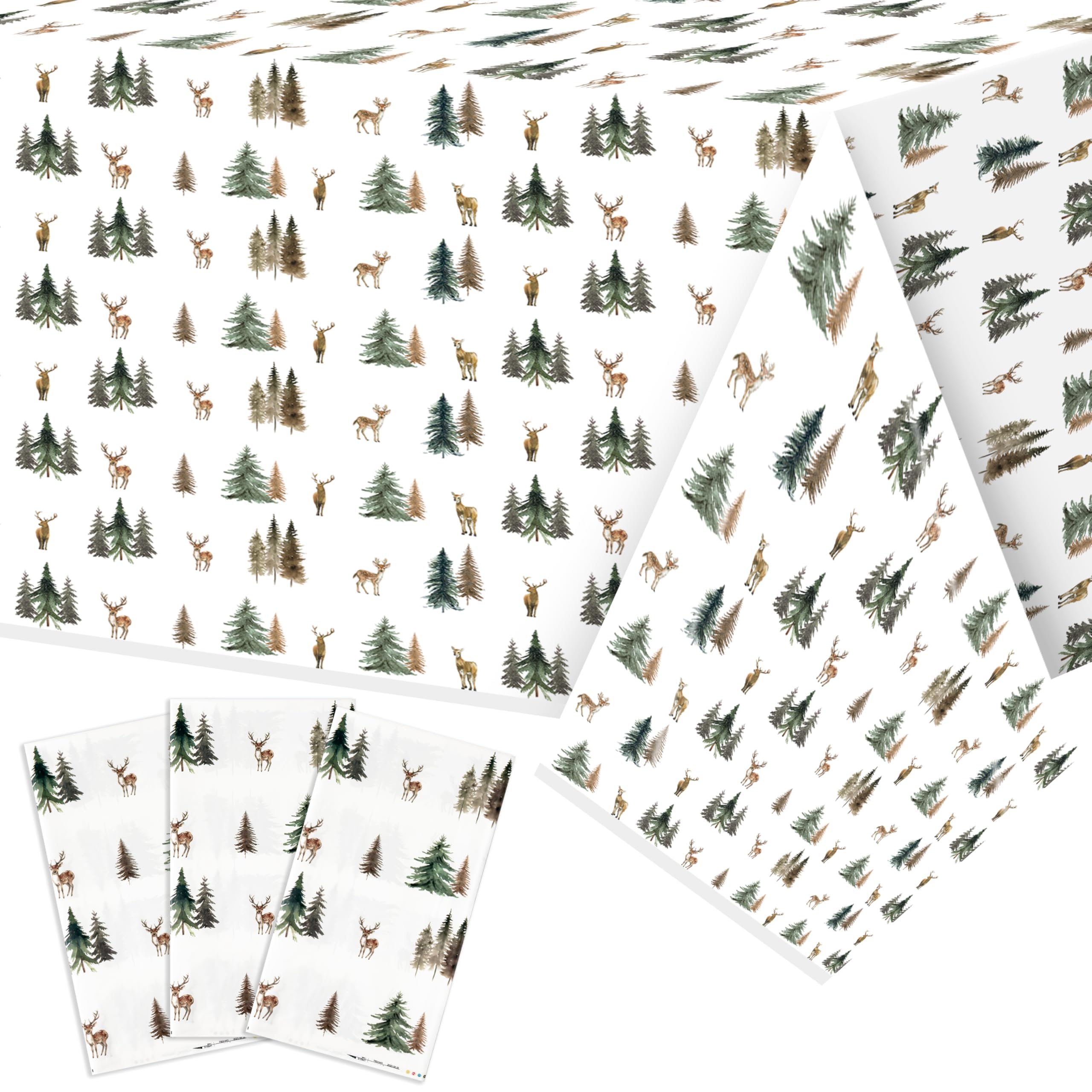 Winter Deer Table Cover - 3Pcs Watercolor Forest Flower Deer Pine Tree Disposable Plastic Rectangle Pack Merry Christmas Xmas Table Cloth Baby Shower Holiday Party Decor Decoration Supplies