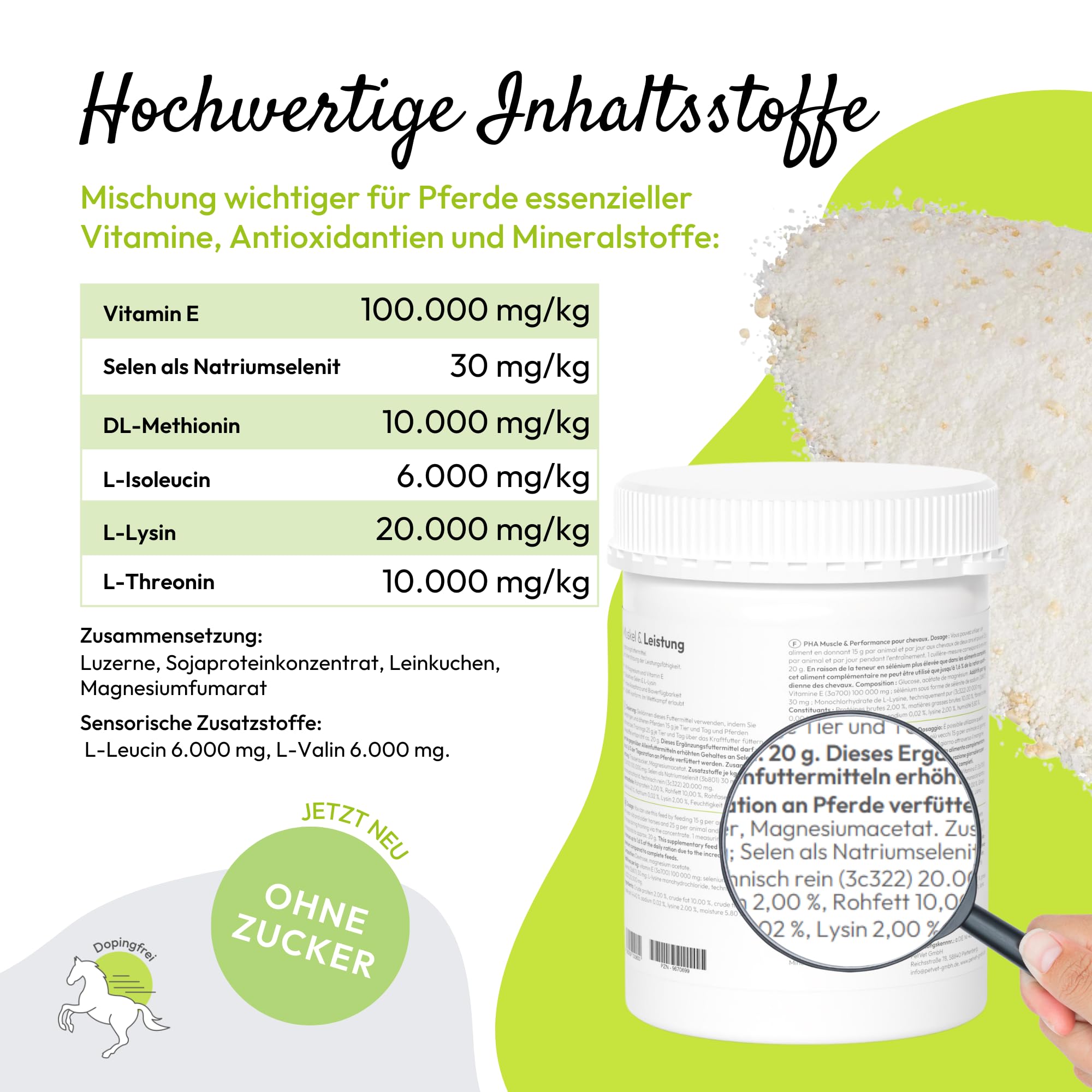 PHA Muskel & Leistung für Pferde – Mineralstoffe und Vitamine für Muskelaufbau & Leistungsfähigkeit, mit Vitamin E, Magnesium Pferd & Selen Pferd, Pulver 850 g, ohne Zucker