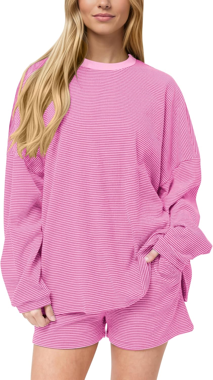 MISSACTIVER Women's Striped Lounge Set Long Sleeve Tee Shirts Drawstring Wide Leg Shorts Matching 2 Piece Pajamas Set