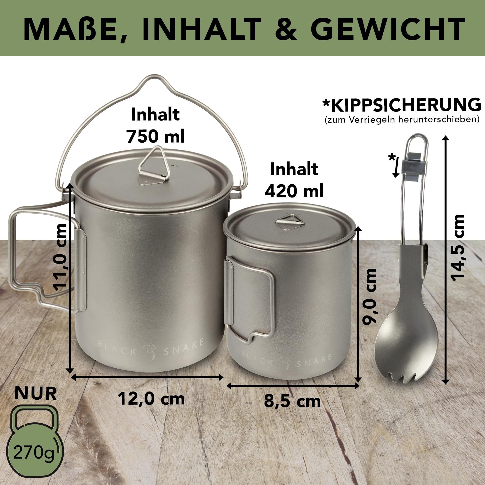 Black Snake Campinggeschirr Set aus Titan - 3-teilig & Ultraleicht - mit 750 ml Topf, 420 ml Topf & Göffel - kompakt verstaubar inkl. Beutel
