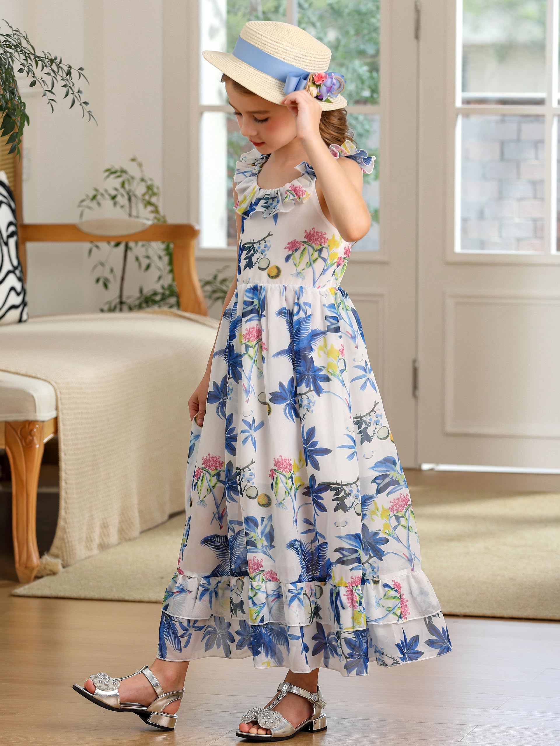 BONNY BILLY Vestito Bambina Ragazza Estivo Casual Hawaiano Spiaggia Lungo Chiffon Floreale Senza Maniche