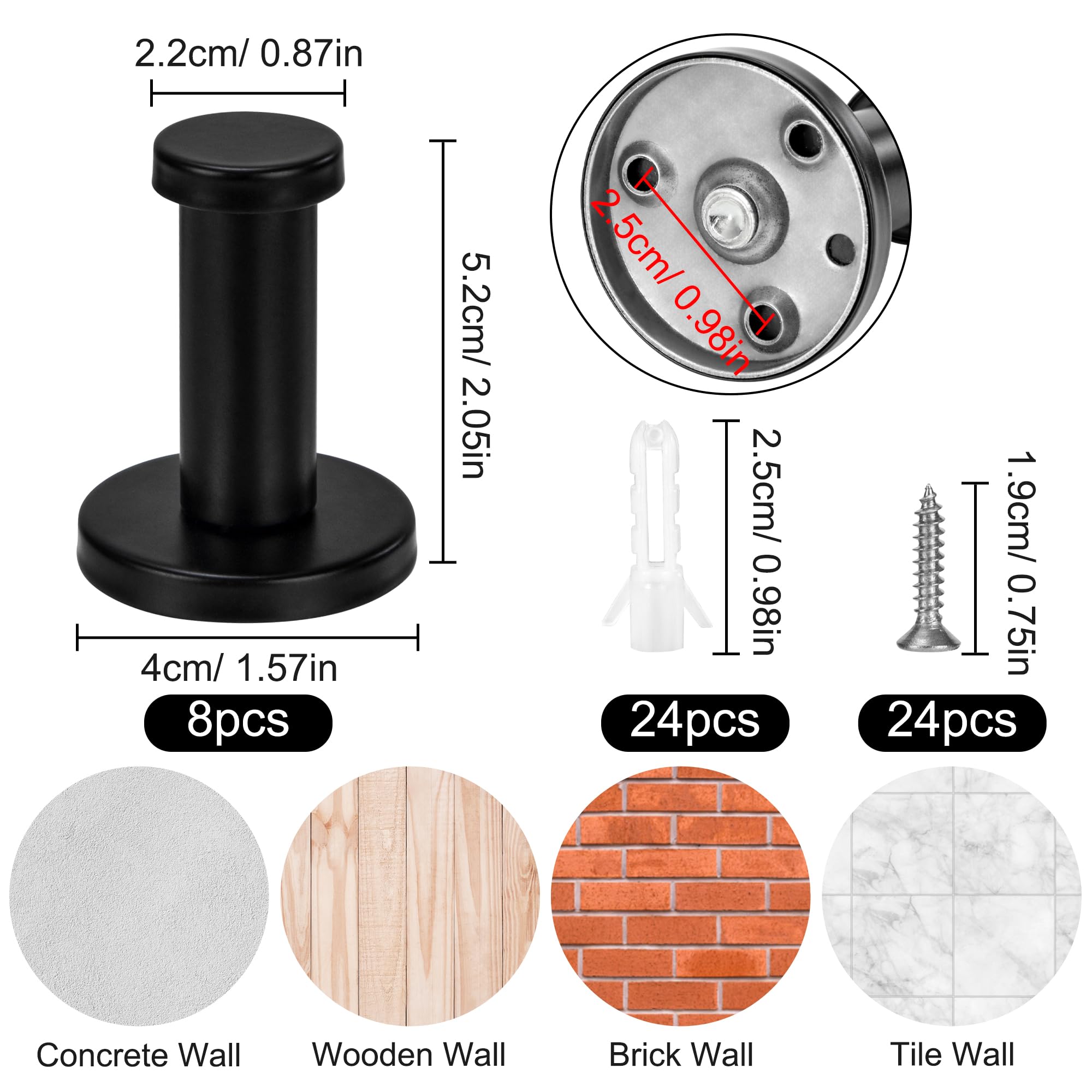 Appendiabiti da Parete in Acciaio Inox Nero Ganci per Cappotti Rotondo 50mm 8 Pezzi per Cappotto Asciugamano Cappello