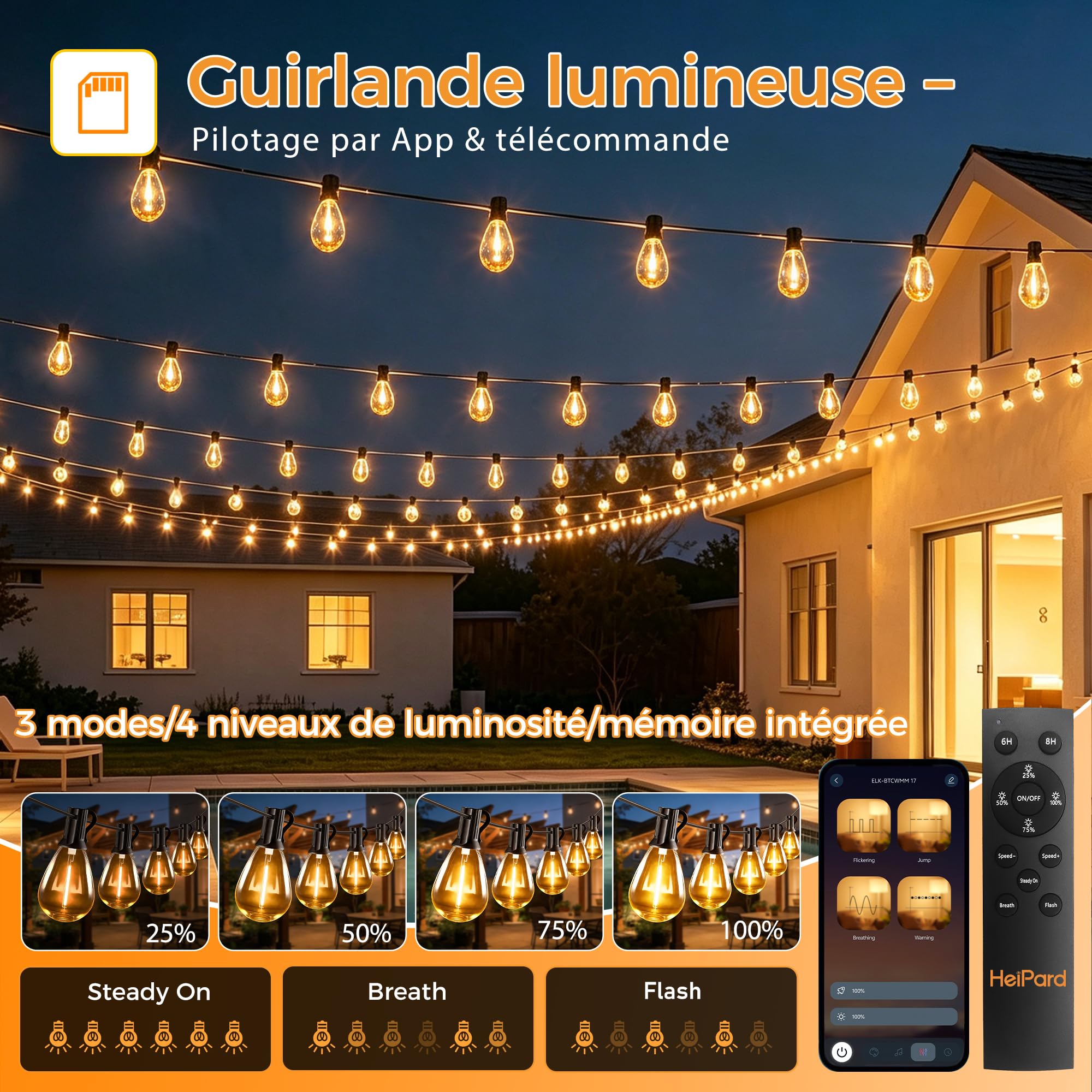 HeiPard Guirlande Lumineuse Extérieure S14 LED 10 m 15+1 Ampoules, Lampe Exterieur 24 V IP44 Étanche, Télécommande & App Mobile Dimmable Minuterie, Jardin Terrasse Guinguette