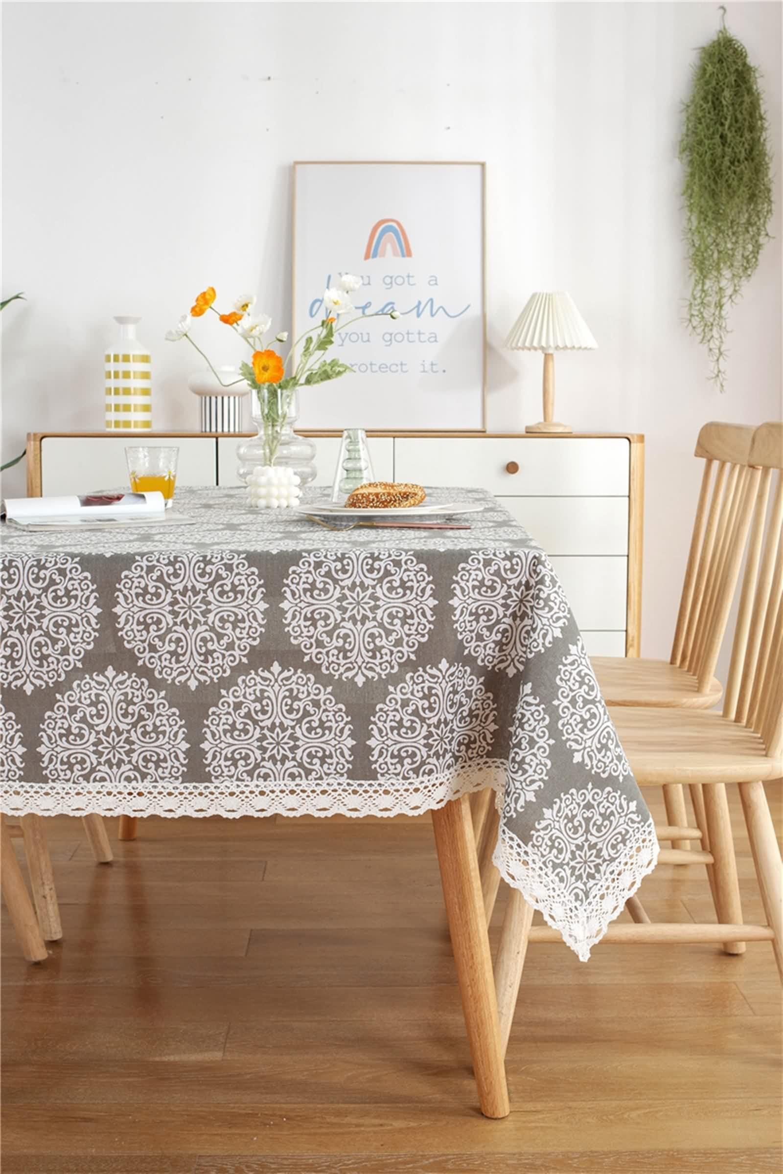 Copritavolo Soggiorno Moderno Grigio, Tovaglia Compleanno Elegante Cotone Poliestere Fiore Stampato Decorativa 140X260CM per Cucina