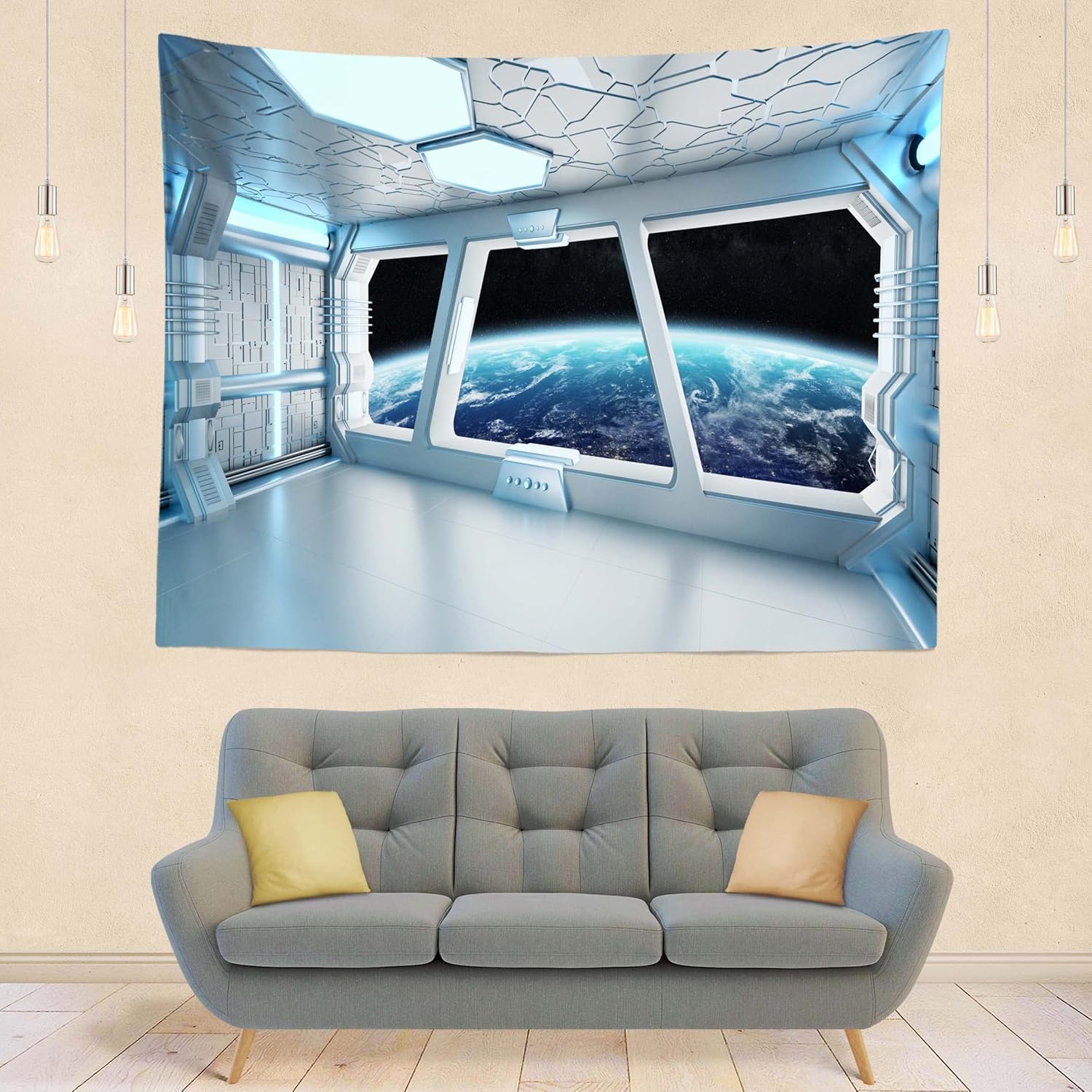 Loccor Spaceship Tapestry Wall Hanging Futuristic Science Fiction Wall Tapestry Sci Fi Space Ship Interior Space Station Planet Earth Tapestries for Bedroom Living Room Dorm Home Decor 180x120 Inches