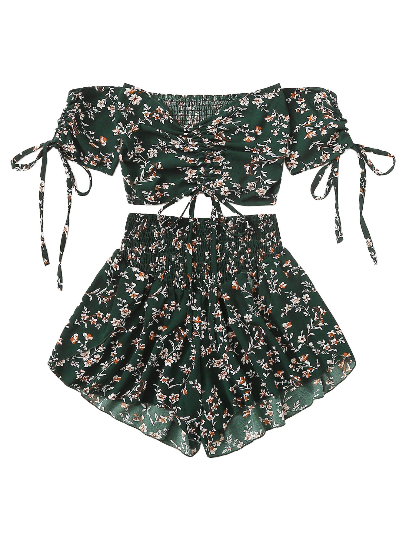 Shein Womens Boho Floral Two Piece Outfit Off Shoulder Drawstring