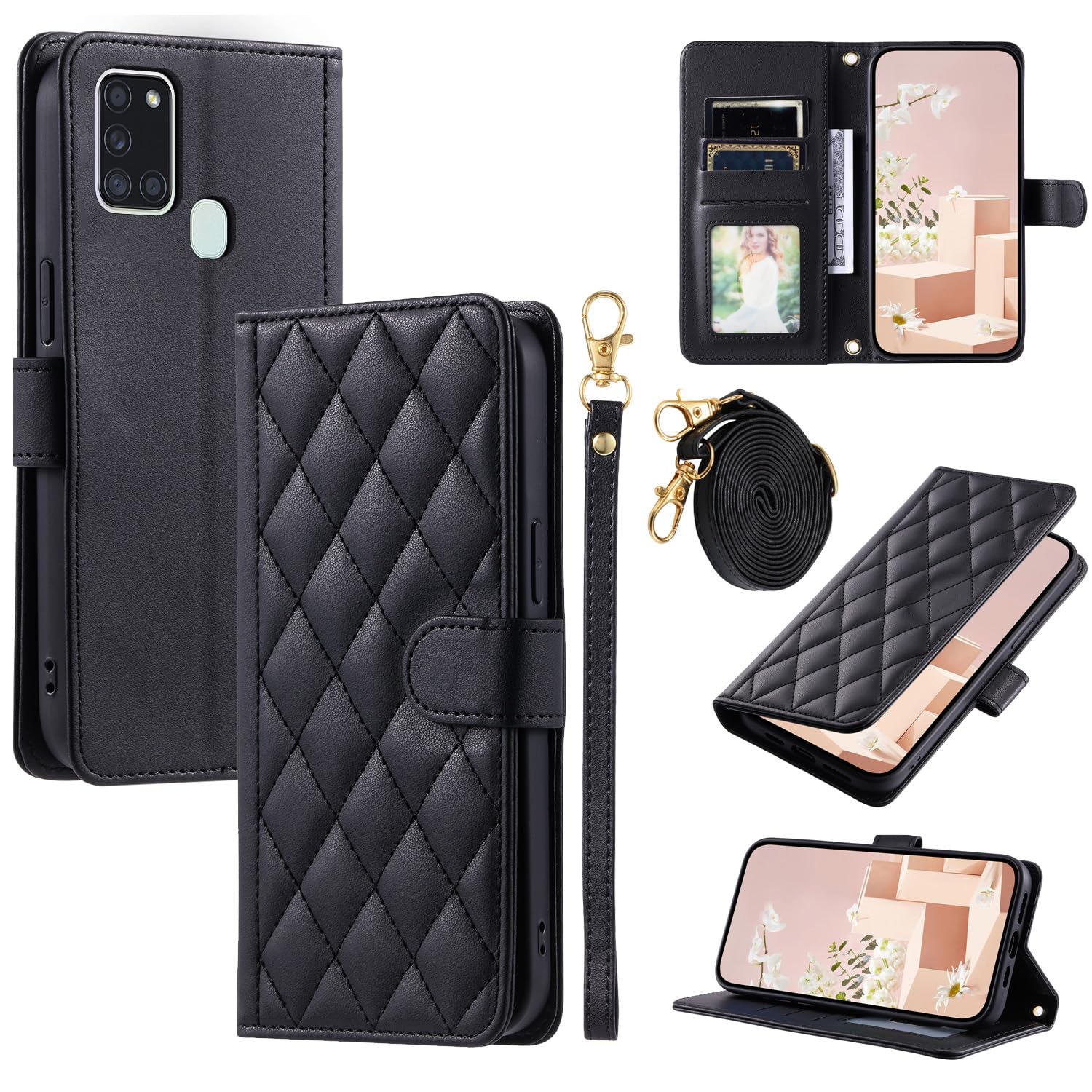 Furiet Wallet Case for Samsung Galaxy A21S with Detachable Wrist Strap, Shoulder Strap, Multiple Card Slots Folio Purse, Luxury PU Leather Stand Accessories Cell Phone Cover for A 21S Women Men Black