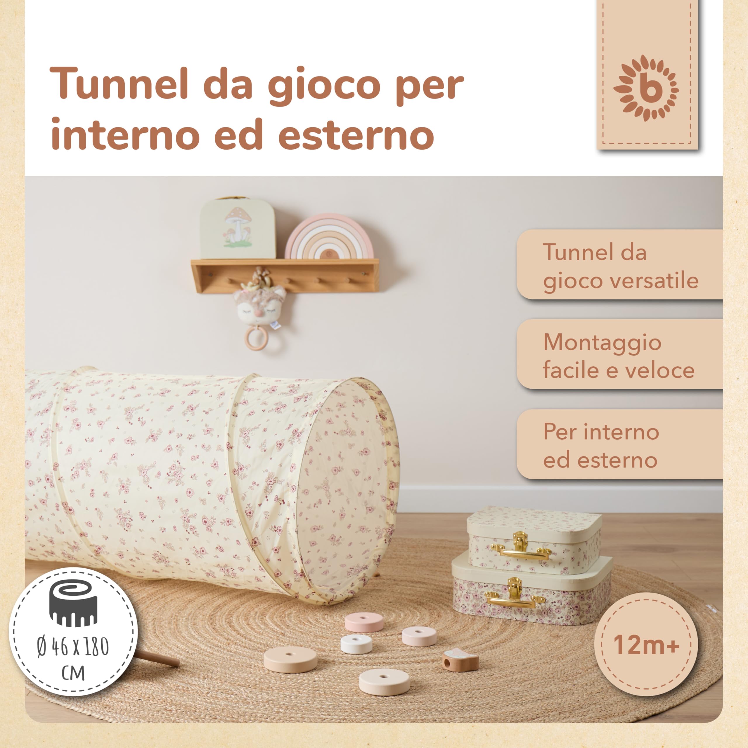 Bieco Pop Up Tunnel Gioco per Bambini con Fiori Vintage | 180 x 46 cm | Bruco Tunnel da Giardino