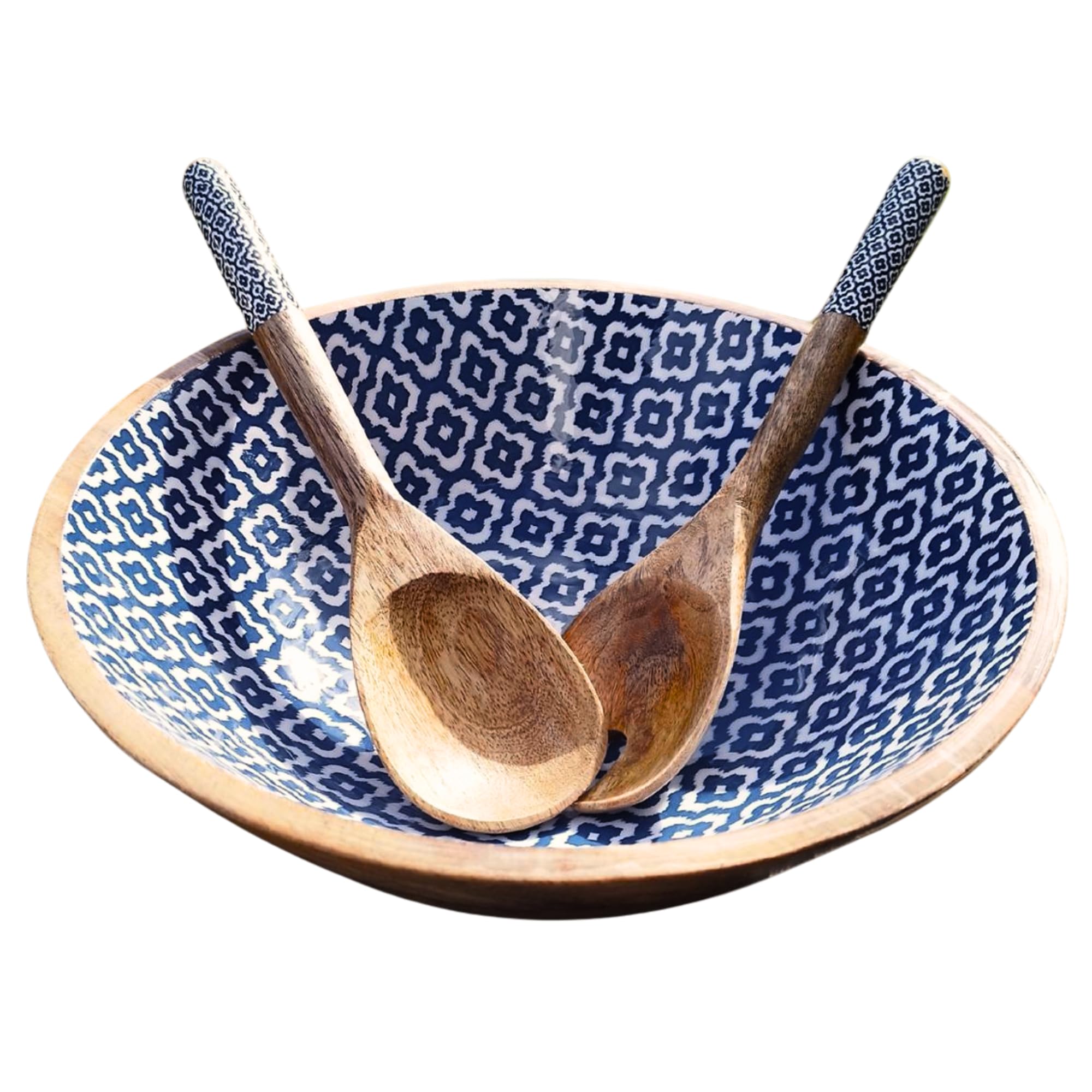 Hand Made Wooden Serving Bowls 12 Inch with set of wooden spoons, Fruit Bowls, Salad Bowls, Pasta Bowl, Serving Dishes Vibrant Colour Print, Large Bowls for Party, Housewarming, Wedding, Birthday Gift โ image 1