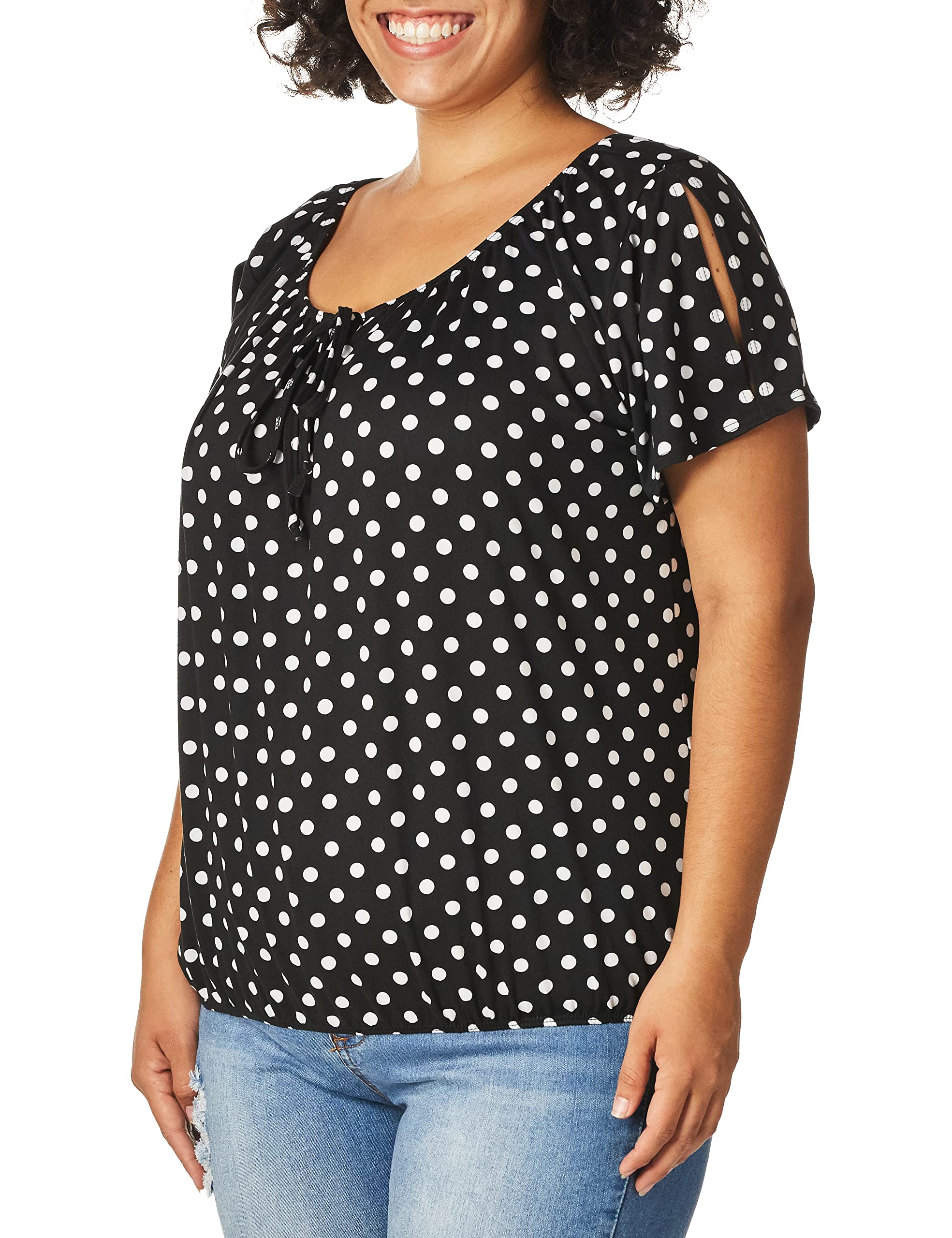 Star Vixen Women's Short/Slit Sleeve Keyhole-Tie Peasant Top Bubble Hem, Black/White Dot, XL