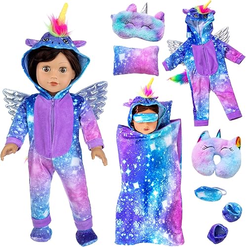 Ecore Fun - Juego de 7 piezas de accesorios para muñecas americanas de 180in incluye ropa de muñeca y saco de dormir para muñecas pijama azul