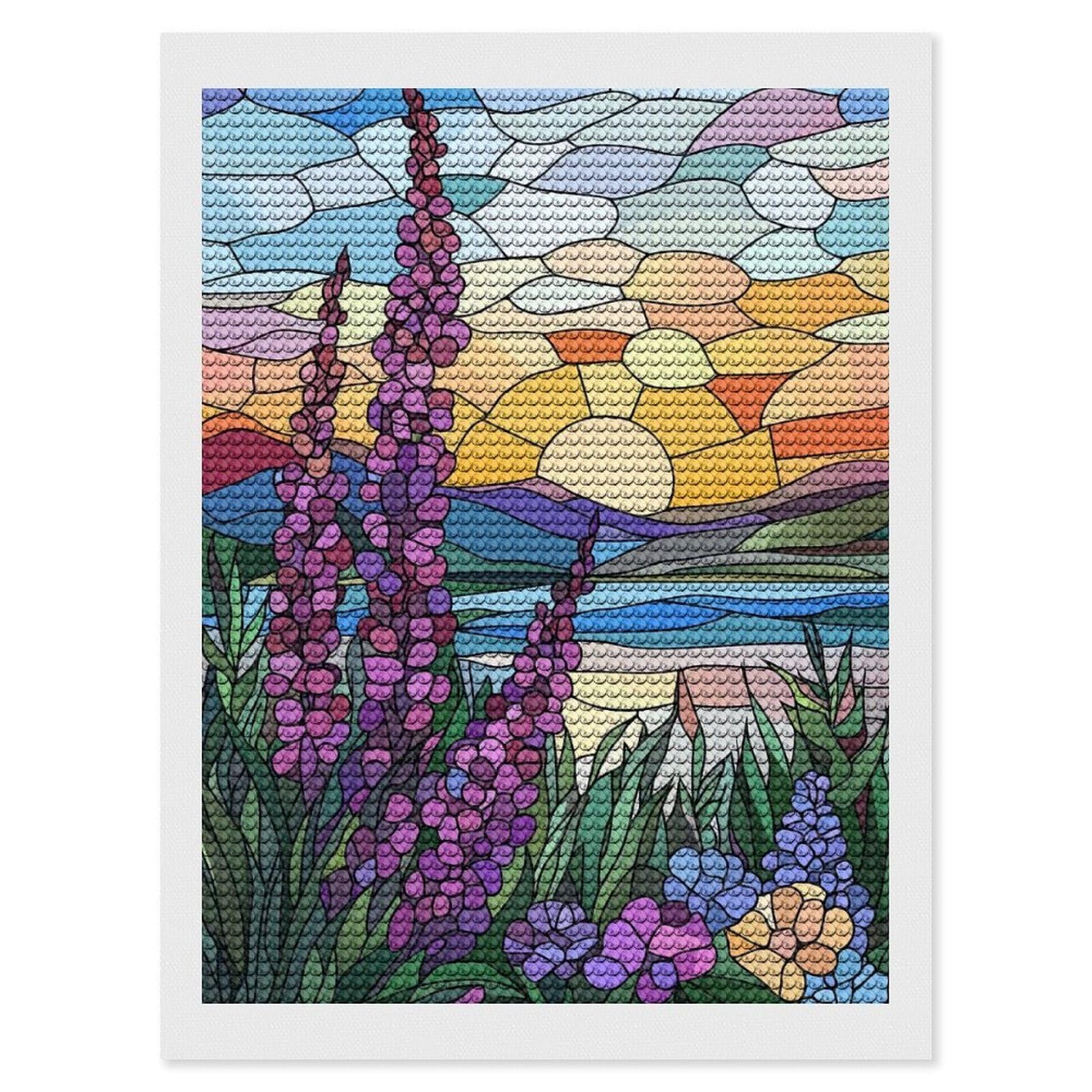 Junmoney Sunset Landscape with Flowers Diamond Painting Kit 12"x16", Adhesive Canvas, Home Wall Decor, for Beginners, Birthday Gift, Full Kit Included