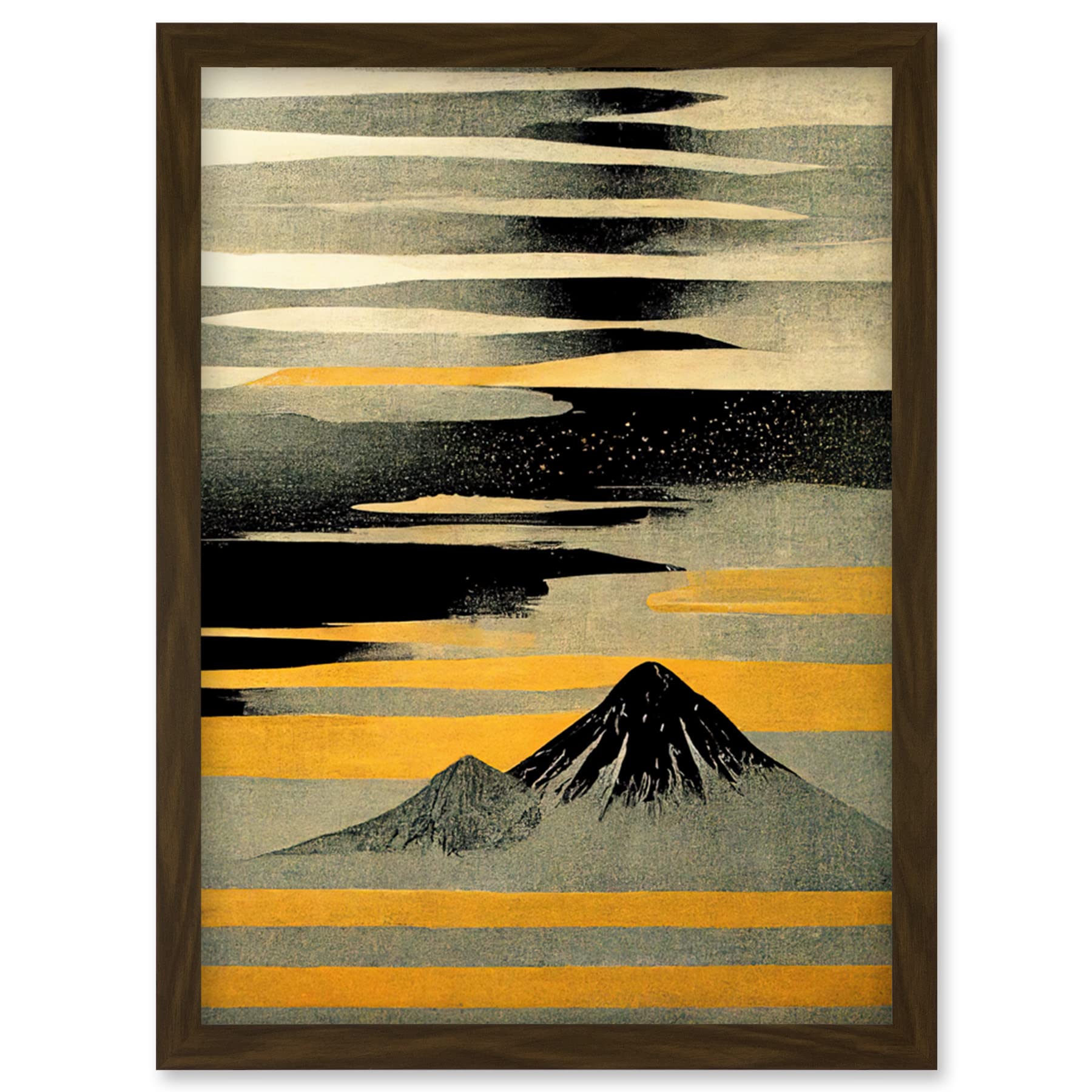 Artery8 Modern Mount Fuji Painting - Silver Grey Black Gold Framed Wall Art Print A4