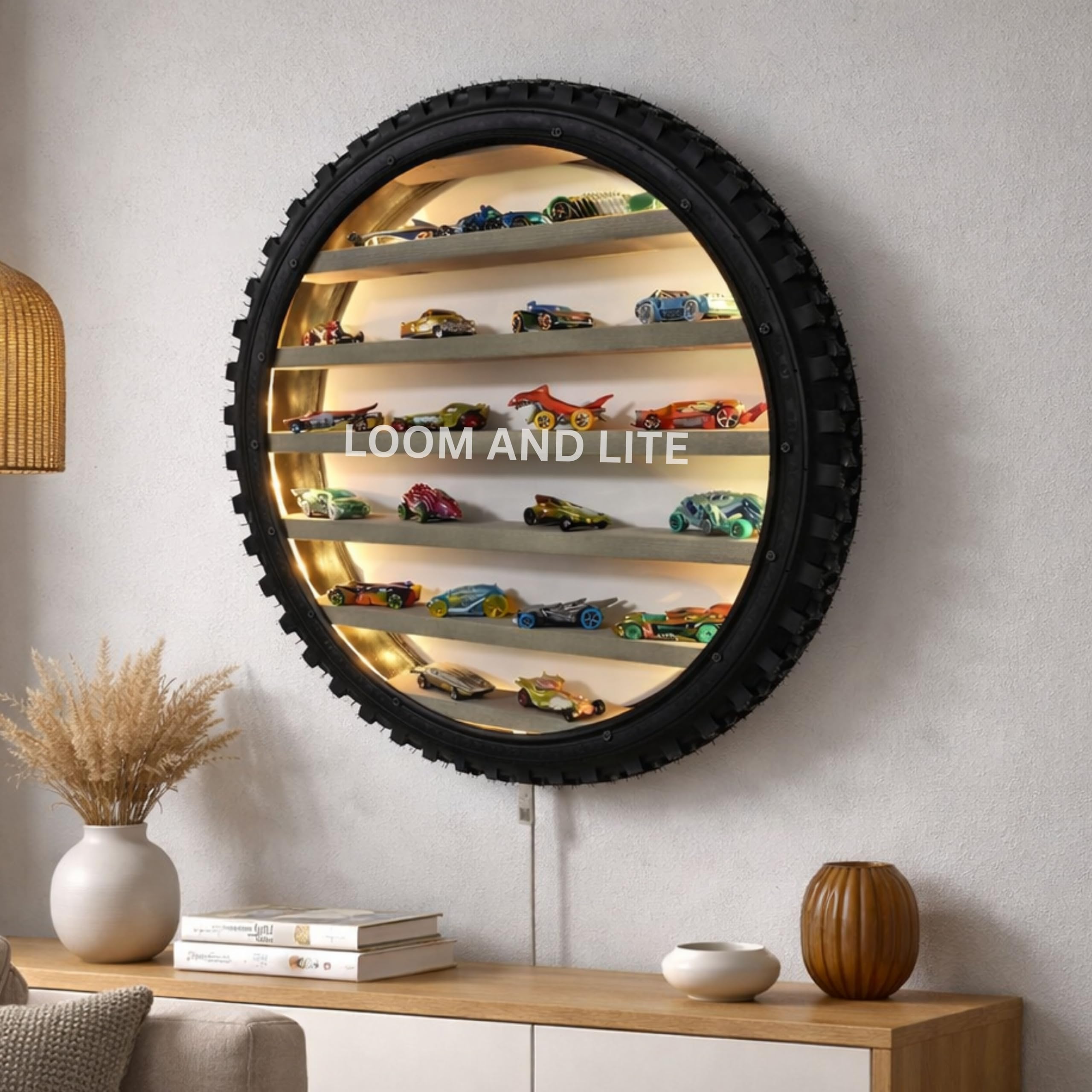 24-inch warm white colour led display shelf wall-mounted storage rack with wooden shelves, tire frame design, rgb backlight for kids room, boys bedroom & playroom décor without toys