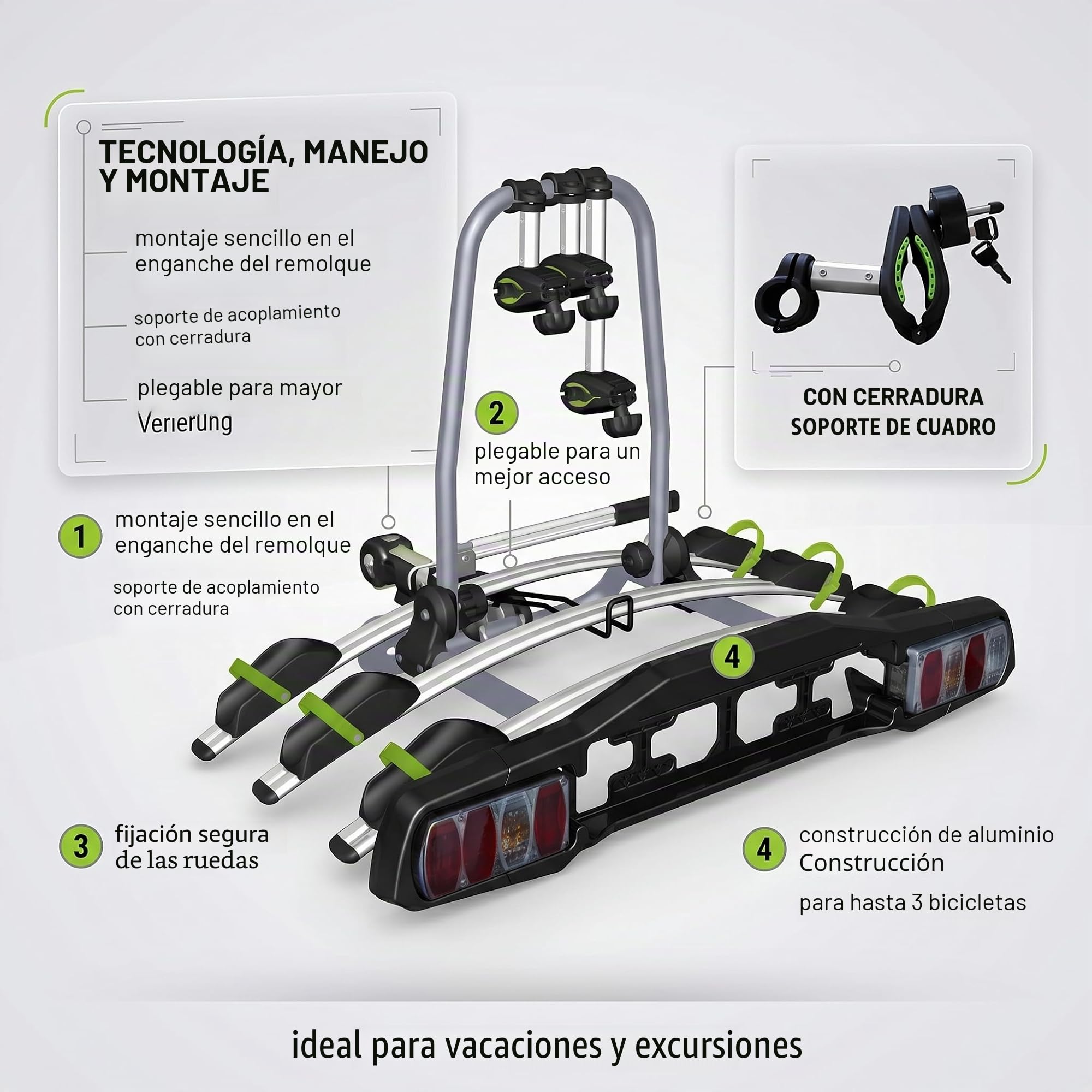 VDP-TBA – Portabicicletas trasero con bloqueo para 2/3/4 ruedas, plegable para remolque con Quick-Lock
