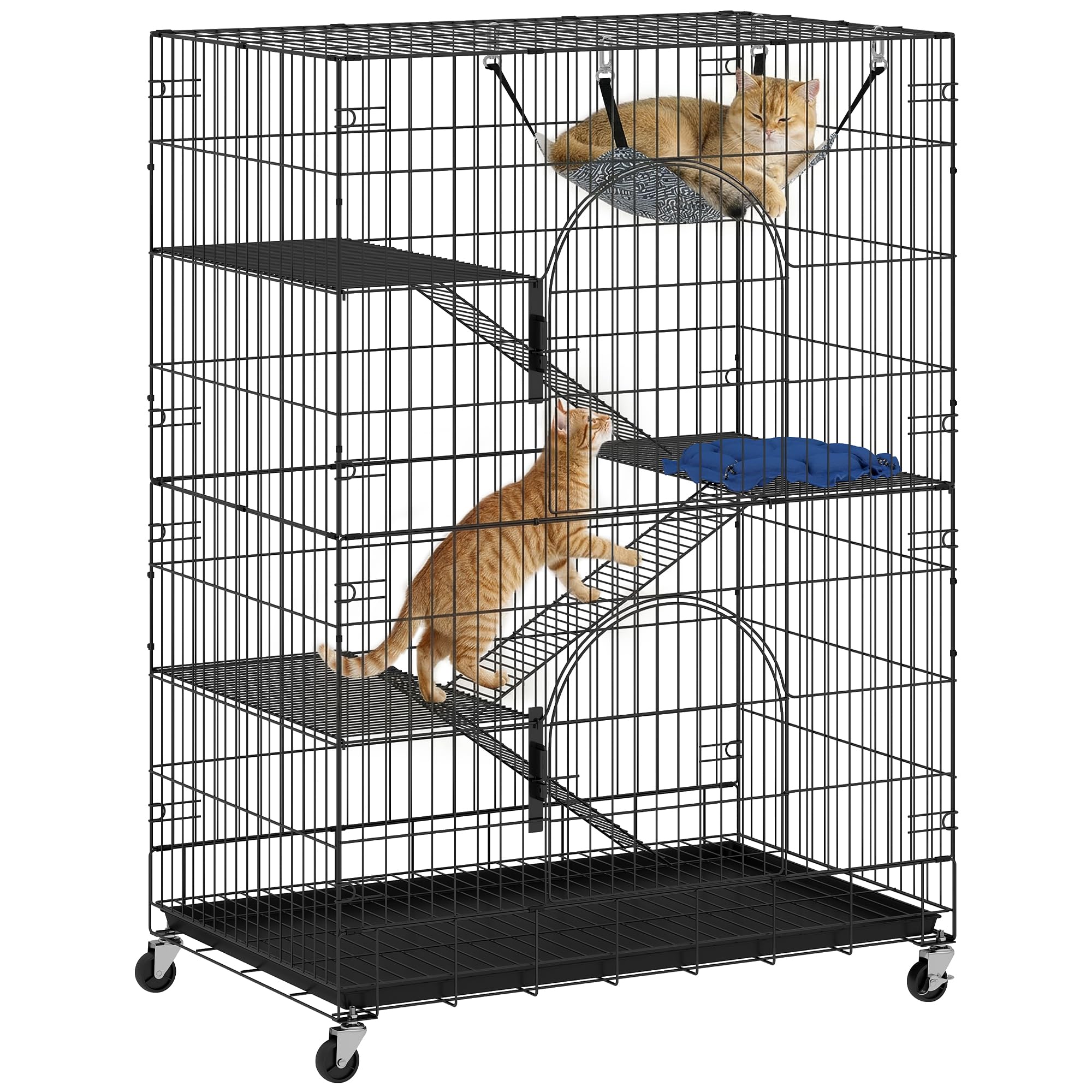 PawHut Jaula para gatos grande de 4 niveles con ruedas, para exteriores e interiores, de metal, bandeja extraíble, hamaca, cama, rampas, plataformas, para 1-2 gatos, ardillas chinchilla, color negro