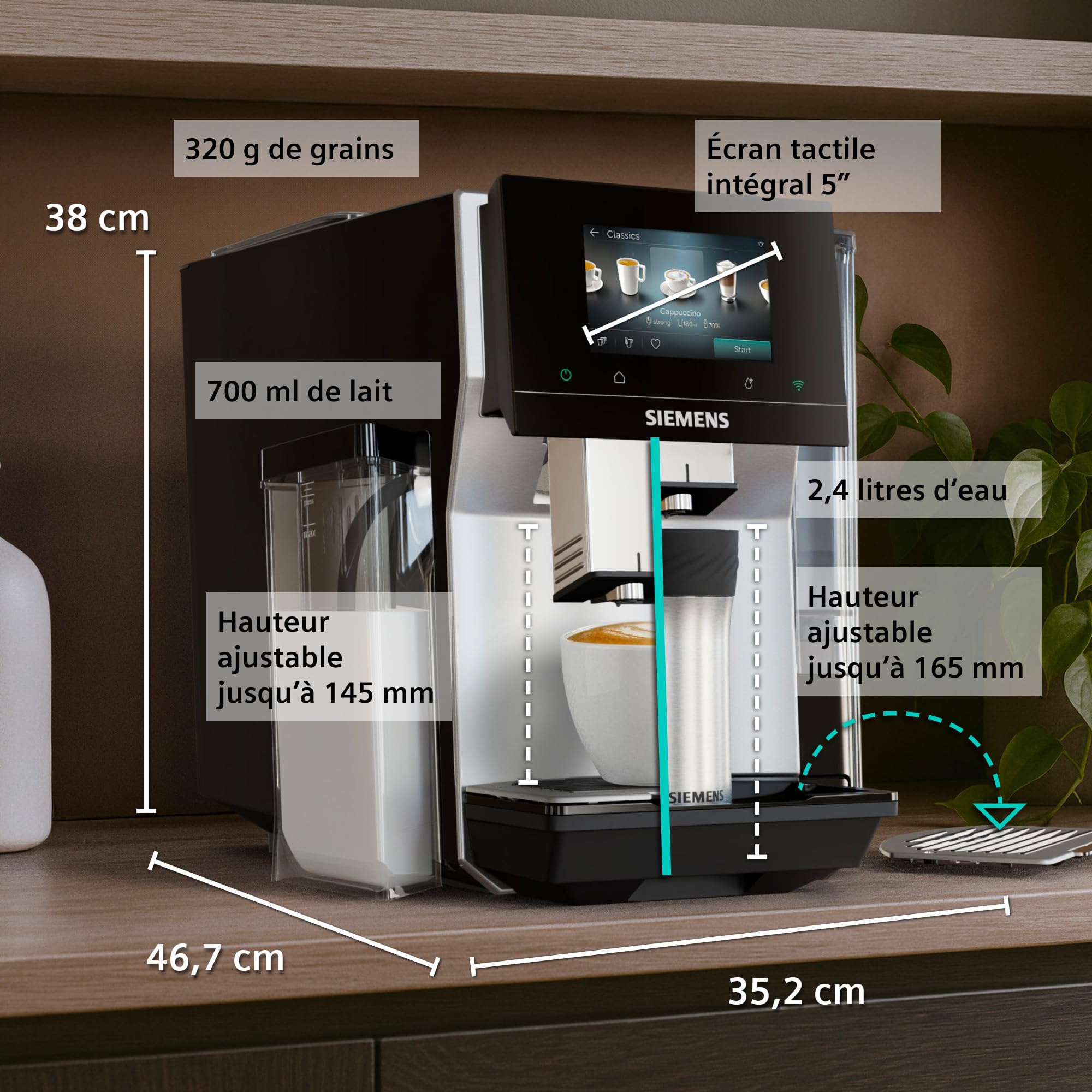 SIEMENS Machine à café entièrement automatique, EQ700 iAroma, écran tactile, récipient à lait intégré, chauffe-tasses, Cold Brew et Slow Brew, application Home Appliances, inox/noir, TQ727E03