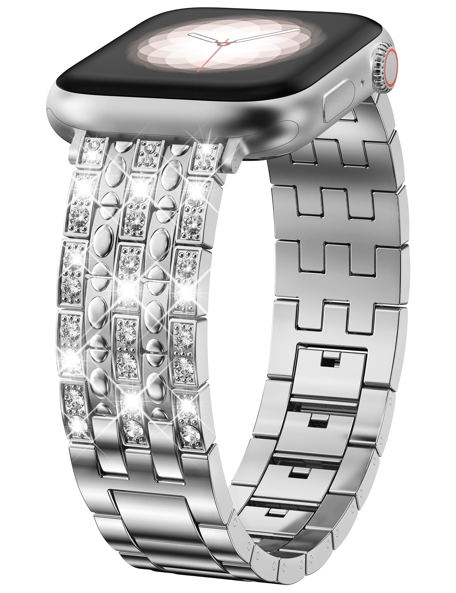 W-RARA Bling Diamond Metal Band Compatible with Apple Watch Bands for Women 38/40/41/42/44/45/46/49mm, Sparkle Luxury Elegant Embossed Design Dressy