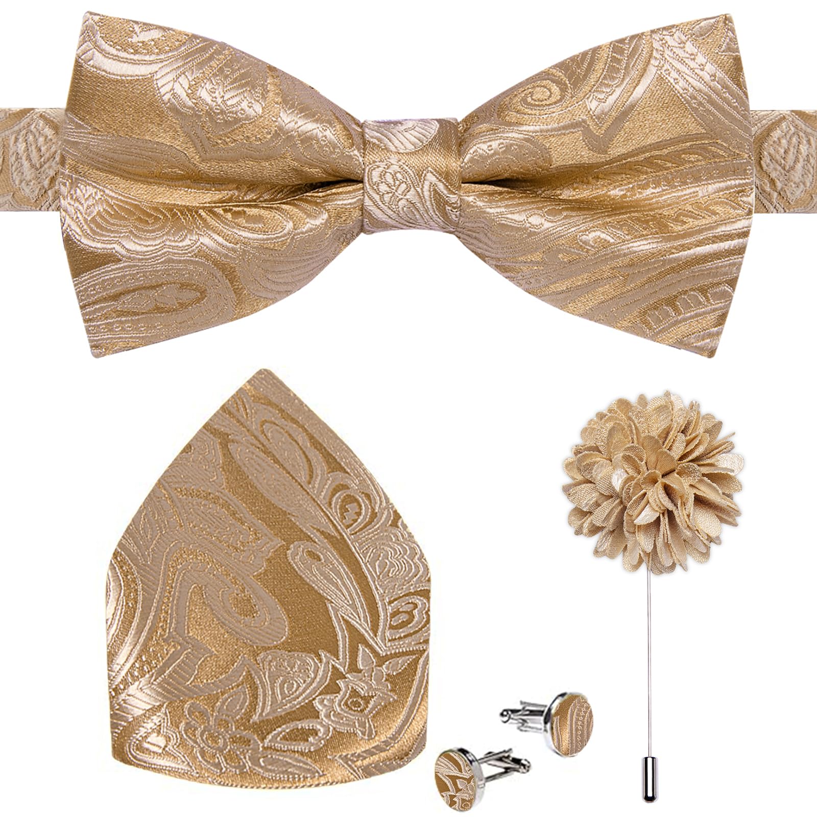 DiBanGu Champagne Bow Ties for Men Adjustable Pre-tied Bow Tie and Pocket Square Set with Lapel Pin Jacquard Party Prom Wedding