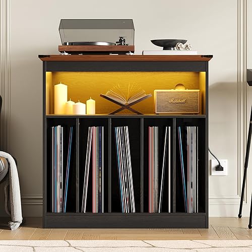 Miniatura 2 de MHOM Farmhouse - Soporte grande para tocadiscos con tomas de corriente y luces LED, soporte para discos de vinilo con capacidad para hasta 150