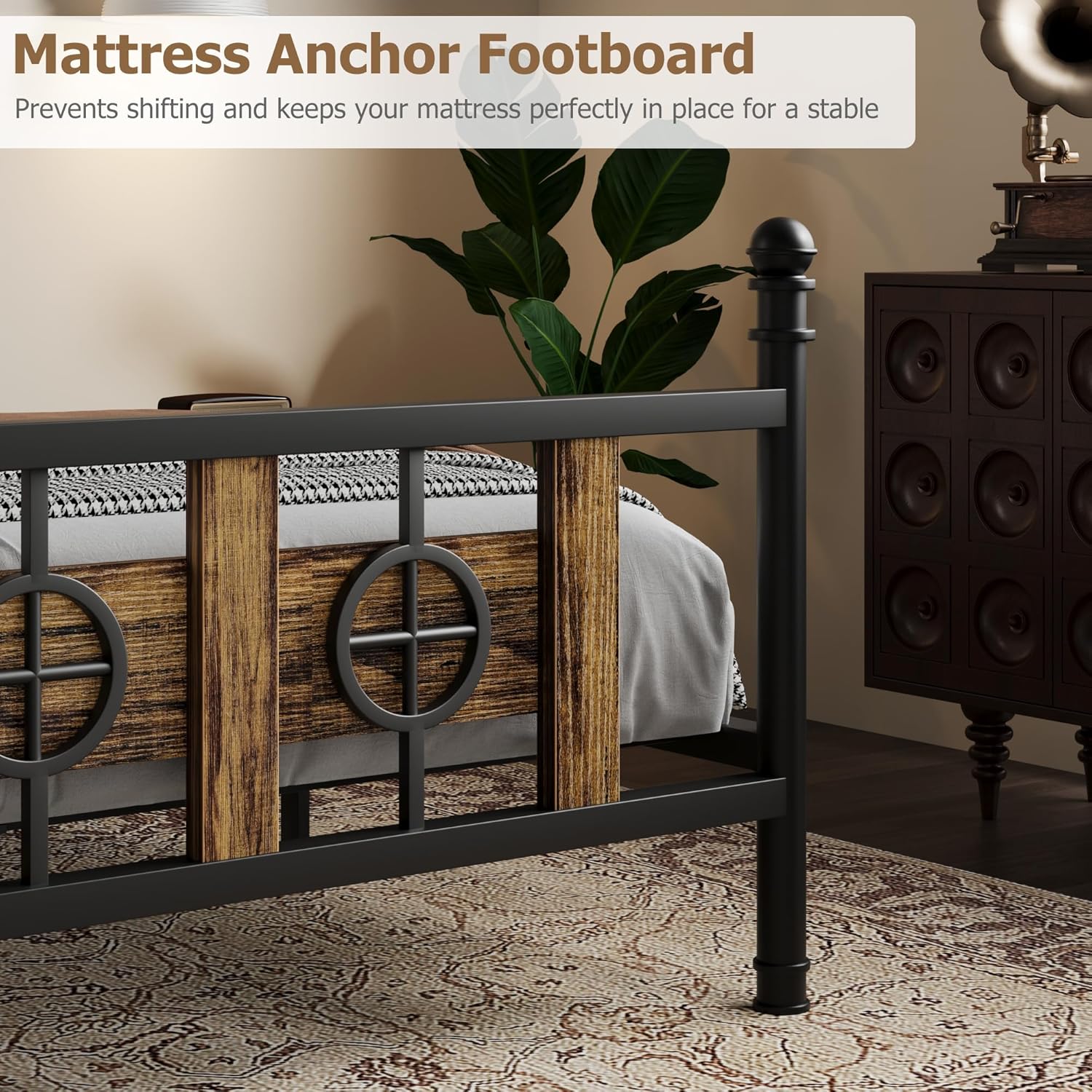 King Size Bed Frame with Headboard and Footboard & Storage Space Under Bed, Metal Twin Bed Frame w/ Vintage Circular Design, No Box Spring Required, Noise-Free, Easy Assembly (Brown, King Siz)