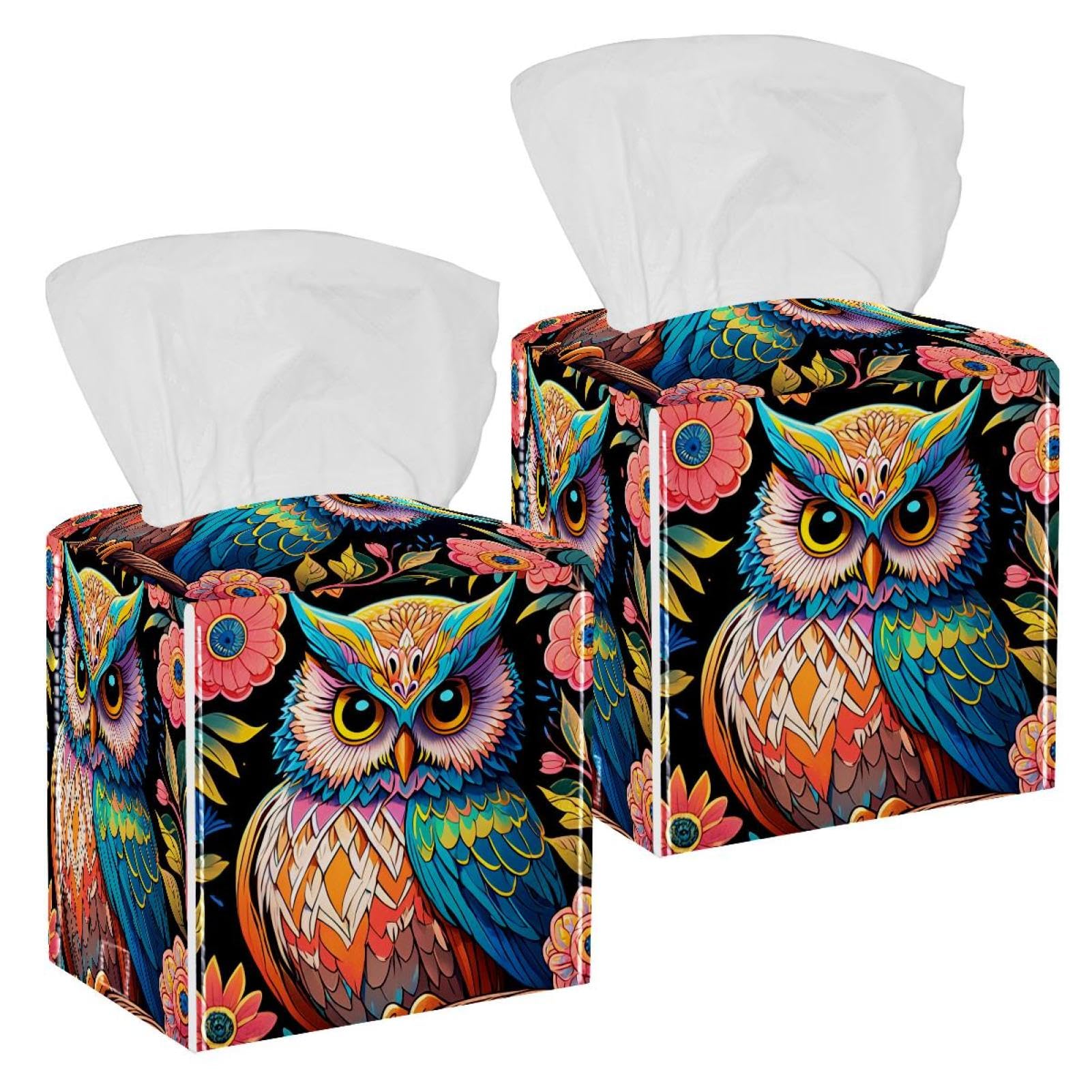 Drawing Owl Tissue Box Cover, 2 Pack PU Leather Square Facial Tissue Dispenser Box holder for Home Office Car