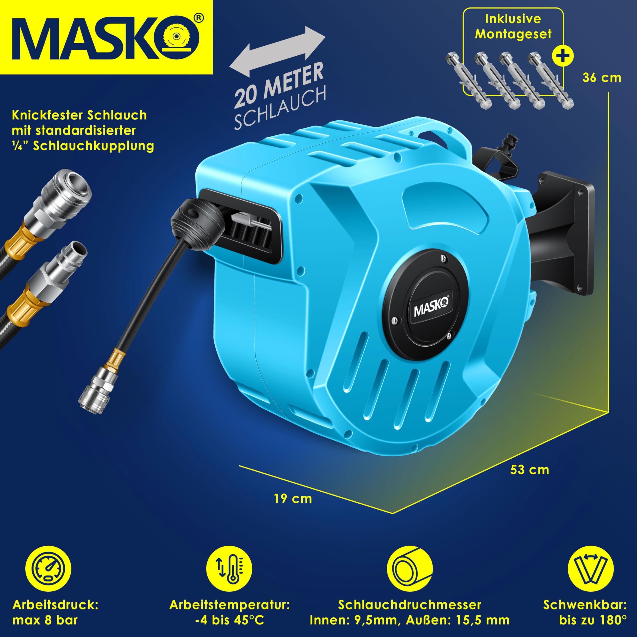 MASKO® Automatik Druckluftschlauch Aufroller 20m – Schlauchtrommel mit 1/4" Anschluss, Schlauchaufroller, Wandhalterung, Tragegriff, 180° schwenkbar, Schlauchbremse, vormontiert/sofort einsatzbereit