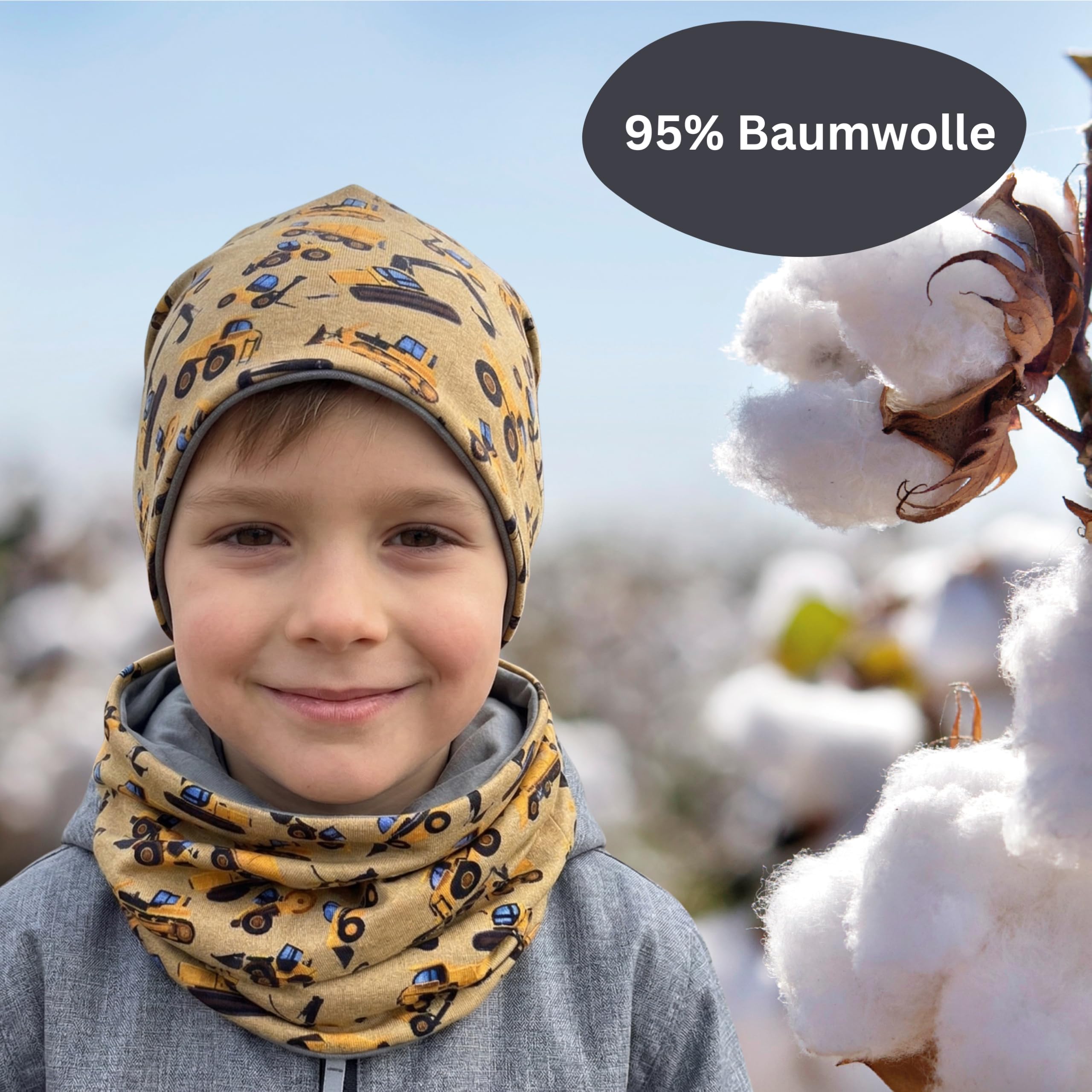 HECKBO Kinder Beanie & Loop Schal Set - mit Vlies oder Jersey - unisex Mädchen Jungen - 95% Baumwolle - Herbst Frühling Winter