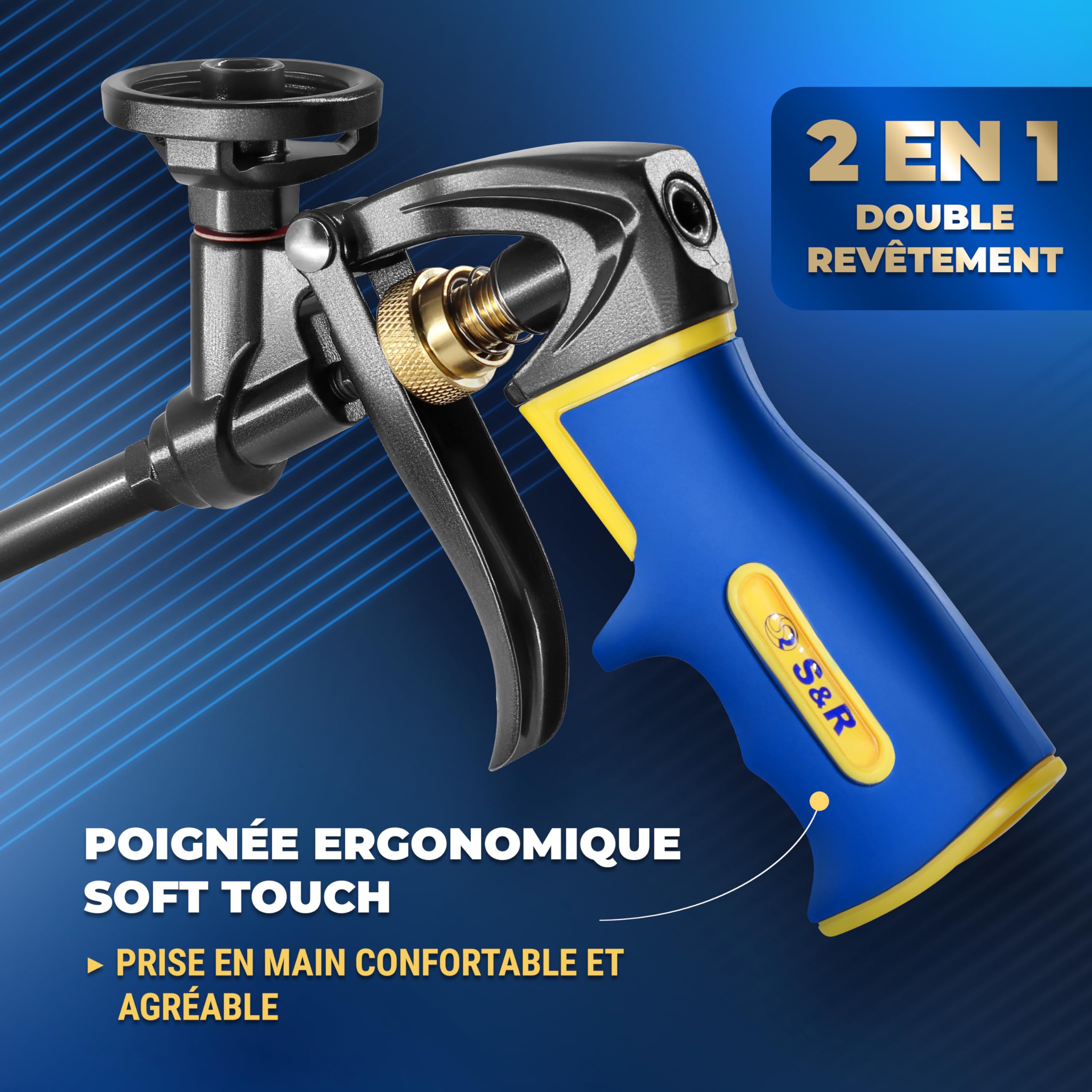 S&R Pistolet à Mousse Expansive Polyuréthane Pistolet à Calfeutrer Professionnel avec sortie mousse réglable et précise. Pistolet en Teflon pour Cartouche et Canettes de Mousse