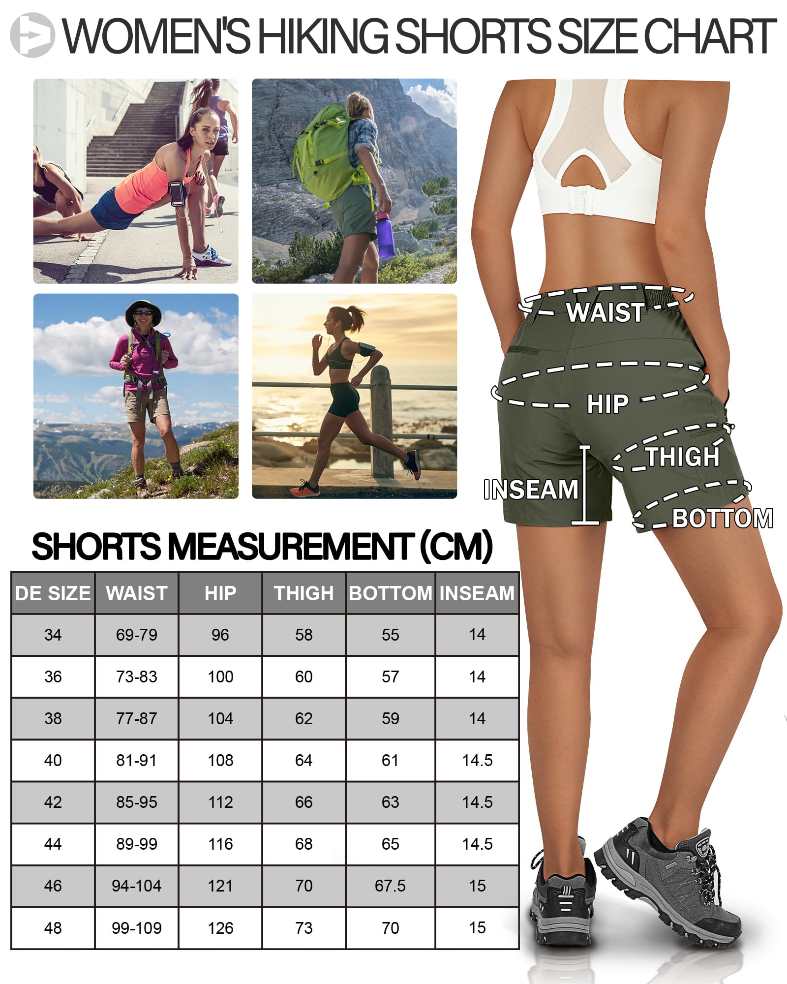 Outdoor Ventures Short court pour femme UPF50+ - Protection UV - Short de randonnée - Léger - Stretch - Séchage rapide