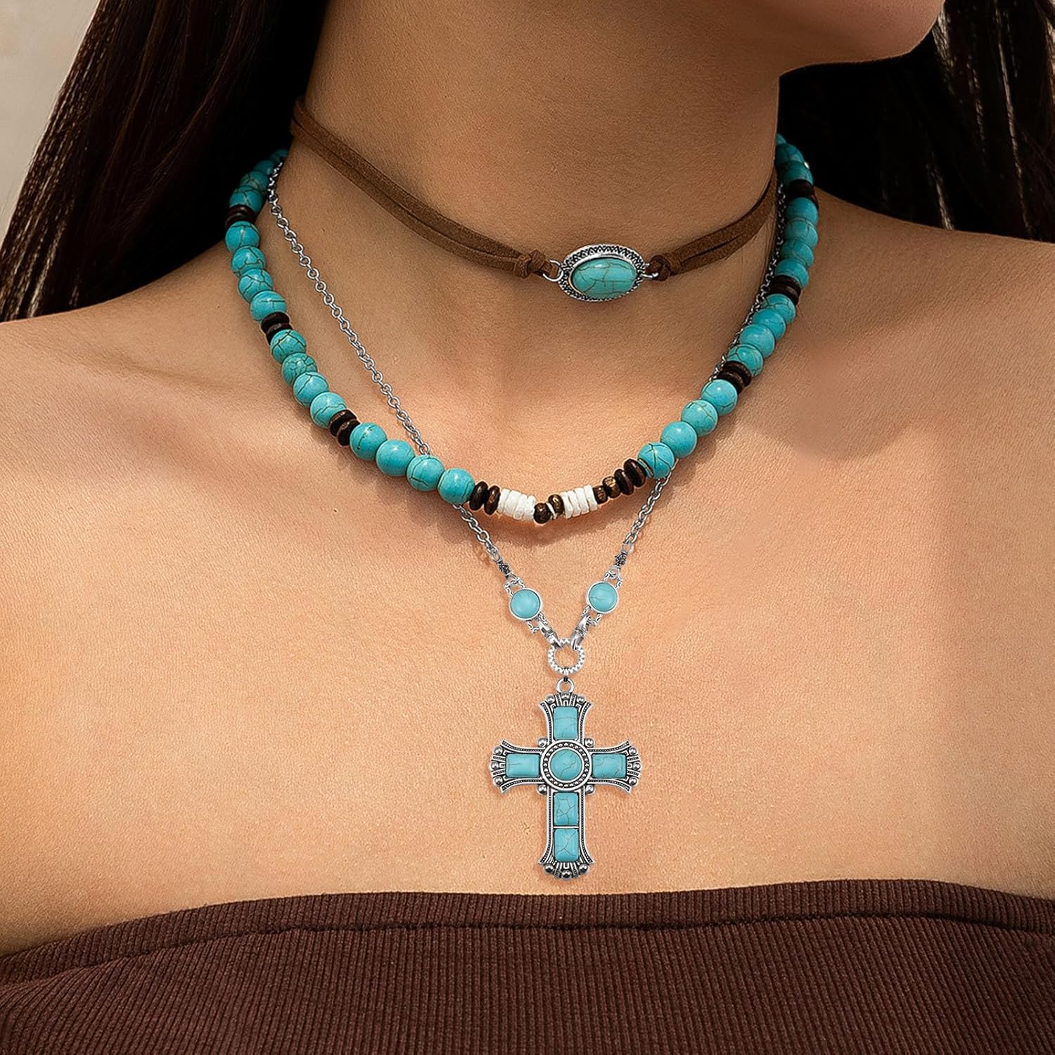 Turquoise Cross Necklace for Women Men Handmade Bohemian Healing Stone Necklace Good Luck Silver Pendant Necklaces Vintage Country Western Ethnic Jewelry - Image 3